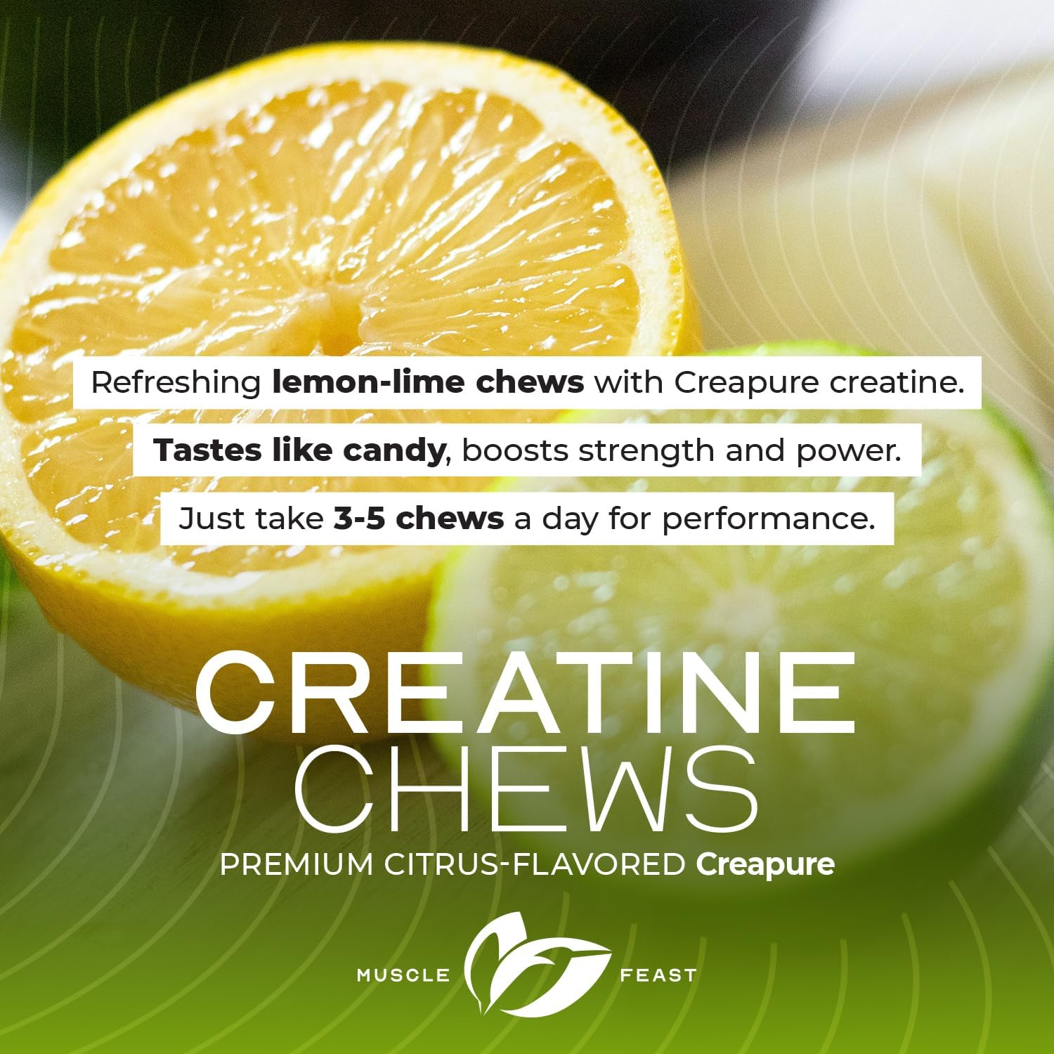 Muscle Feast Creatine Chews with fitness accessories