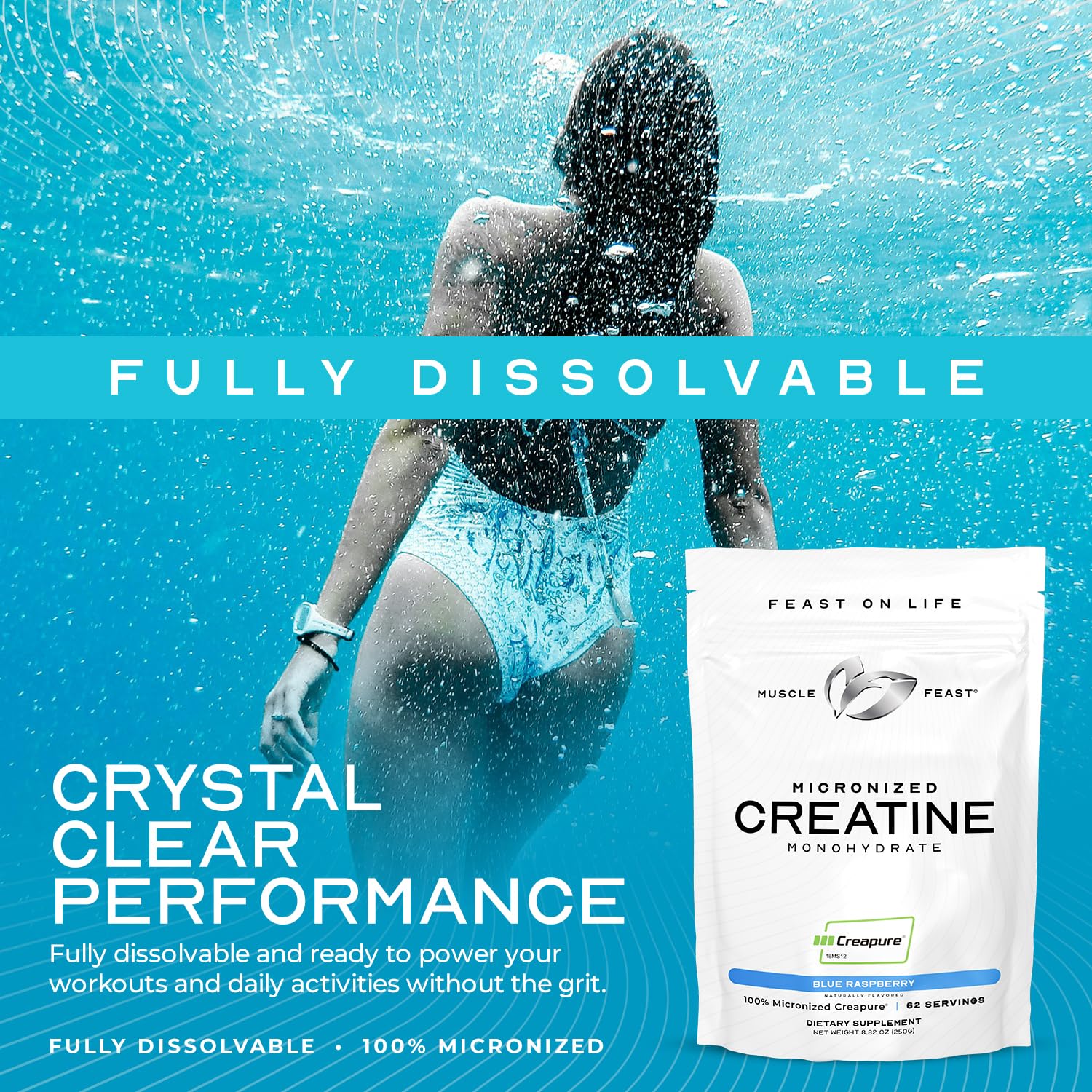 Muscle Feast Creatine Monohydrate Green Apple on a workout bench