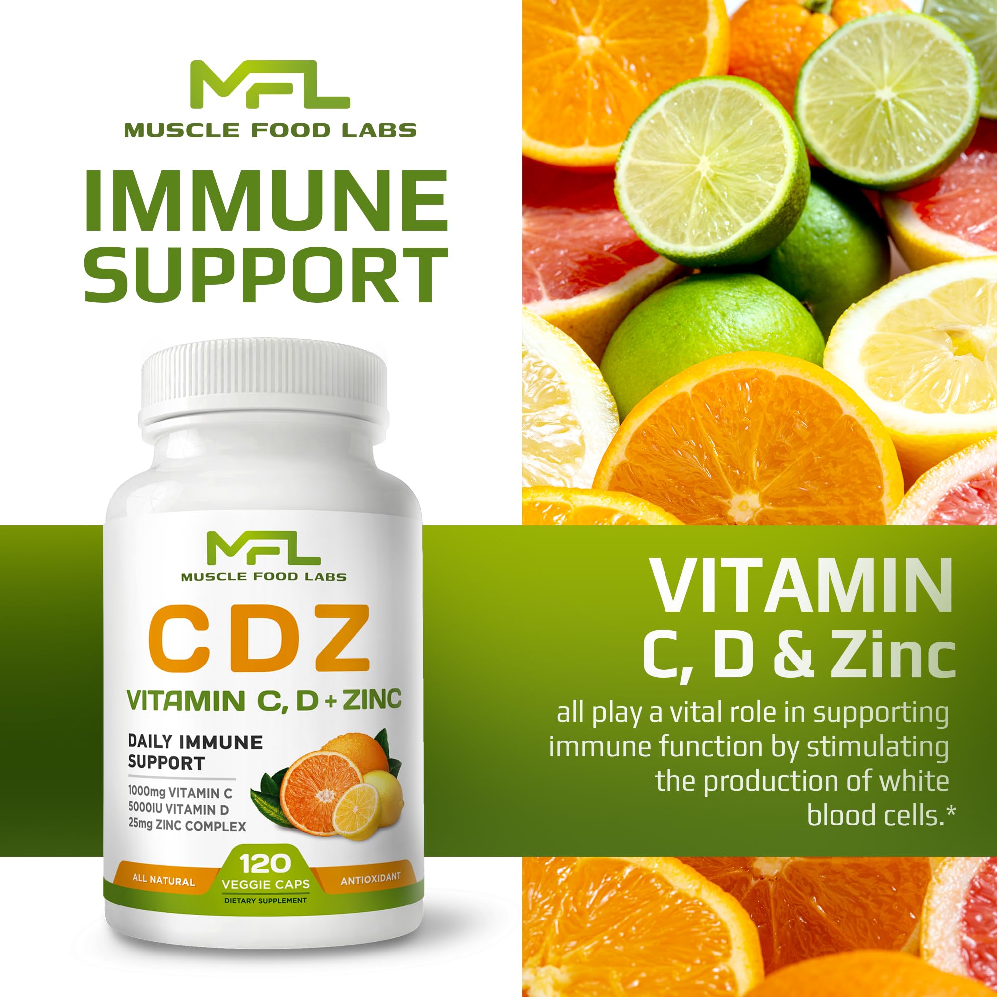 MUSCLE FOOD LABS Vitamin D3 & C Supplement capsules close-up