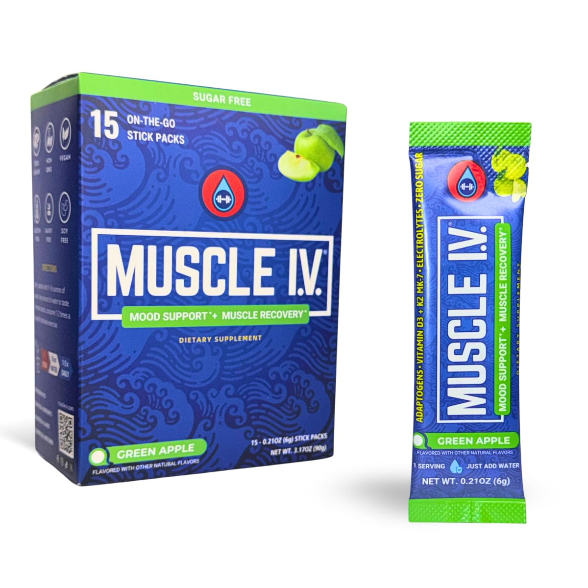 Muscle I.V. Mood Support + Muscle use powder packets front view