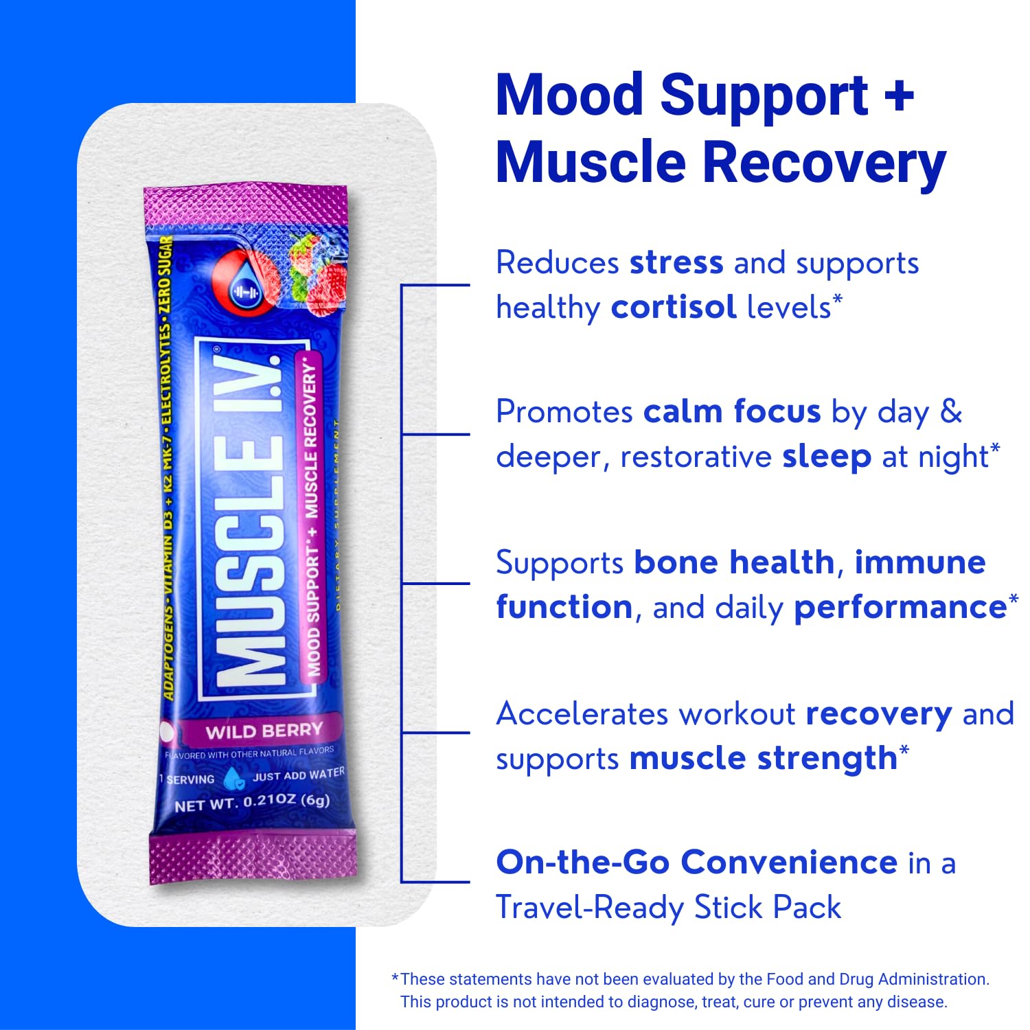Muscle I.V. Mood Support powder packet with wild berry flavour