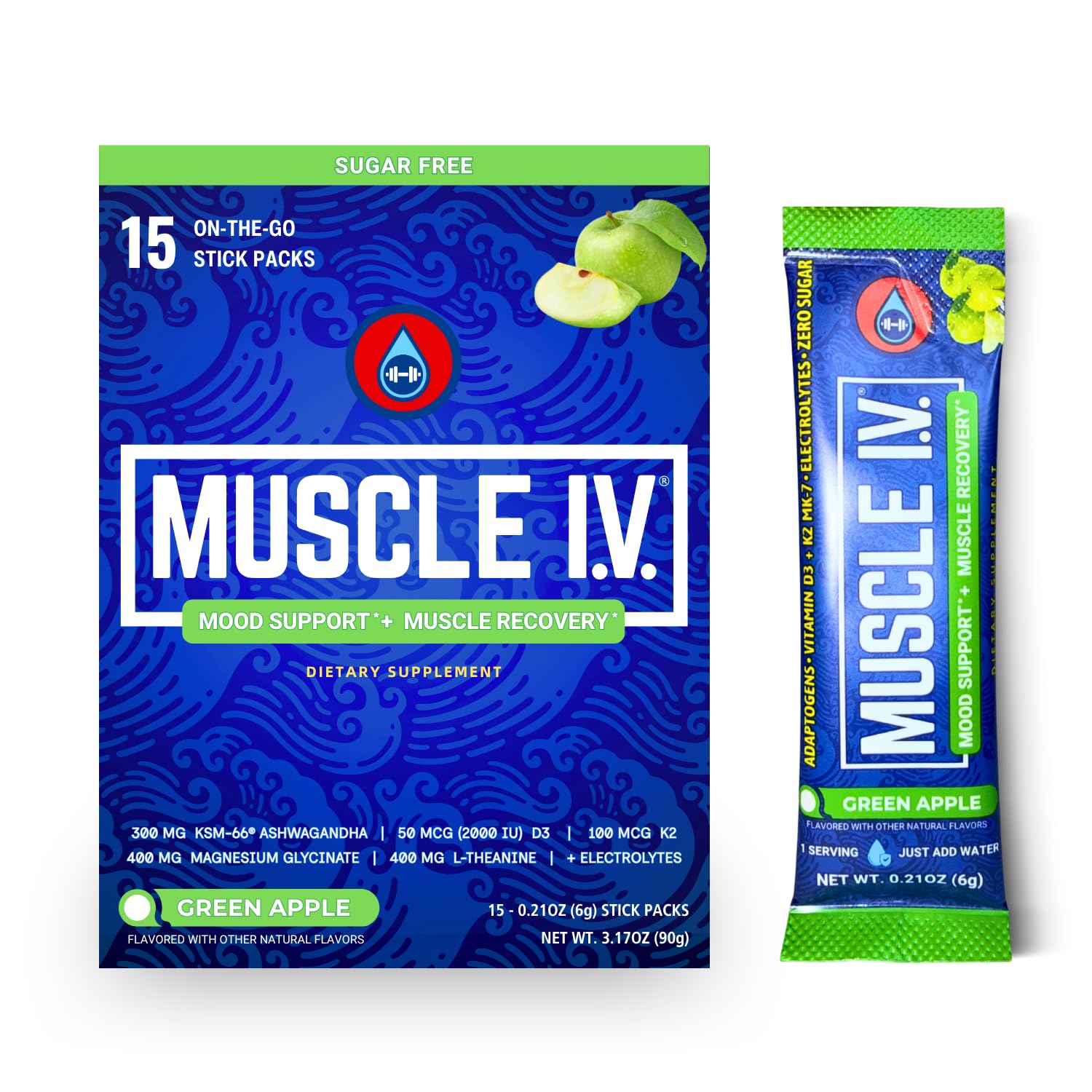 Muscle I.V. Mood Support powder packets in a gym bag
