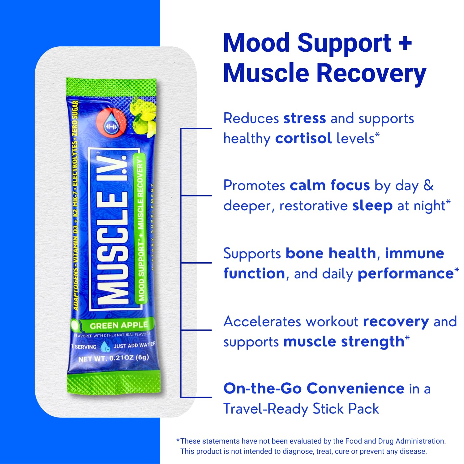 Muscle I.V. Mood Support powder packets with green apple flavour