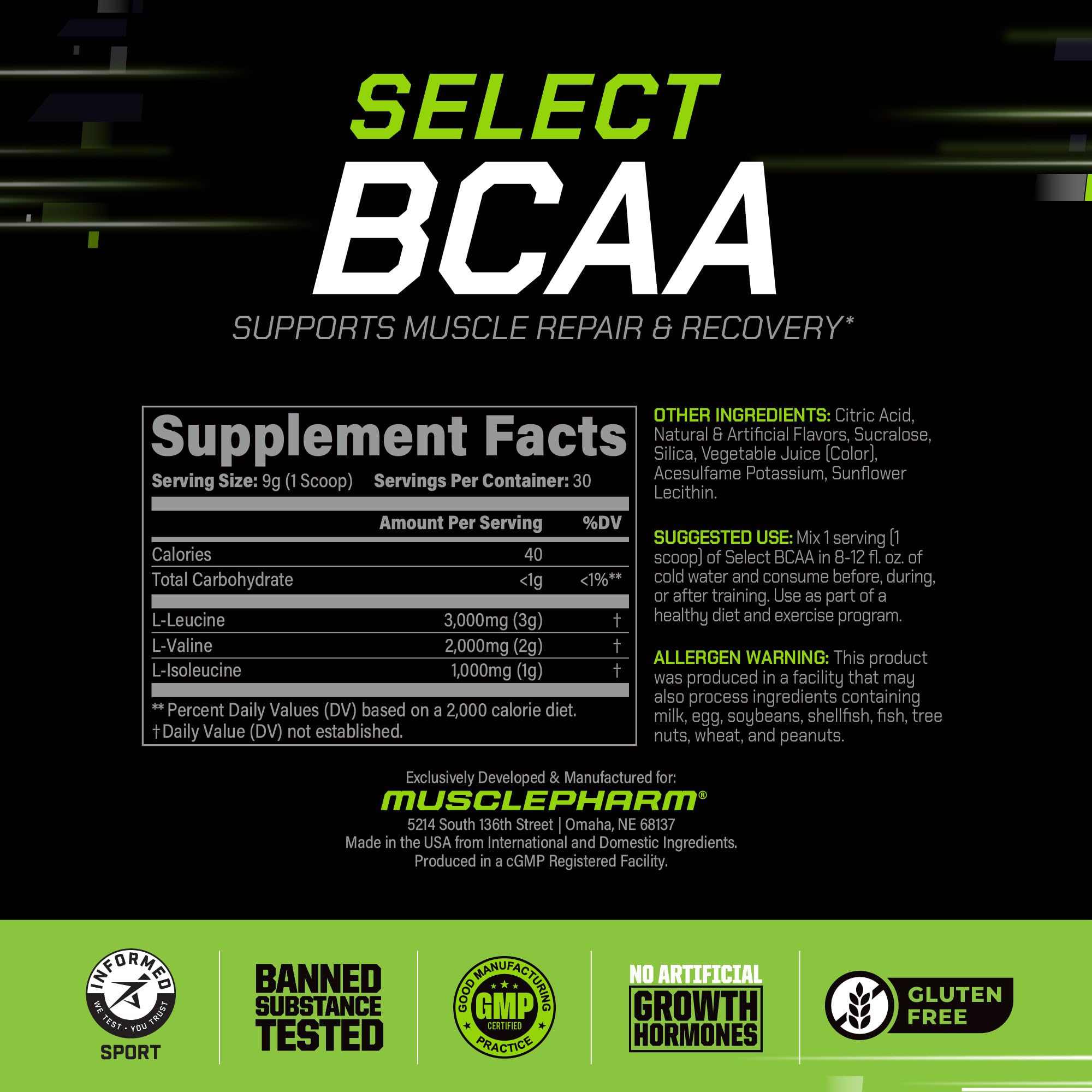 Muscle Pharm BCAA Powder Fruit Punch nutritional information