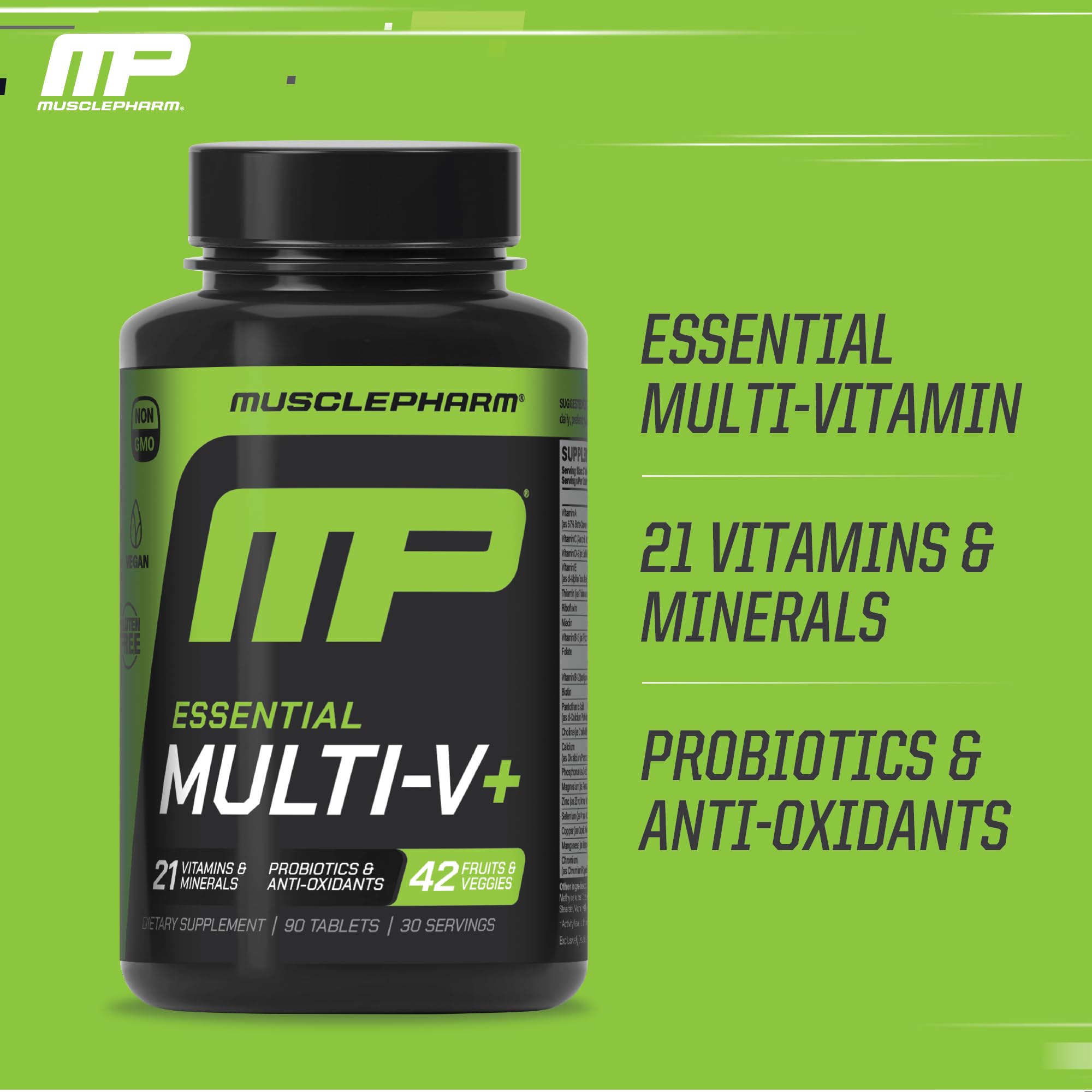 Muscle Pharm Essentials Multi-V+ Multivitamin tablets on a surface
