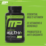 Muscle Pharm Essentials Multi-V+ Multivitamin tablets on a surface