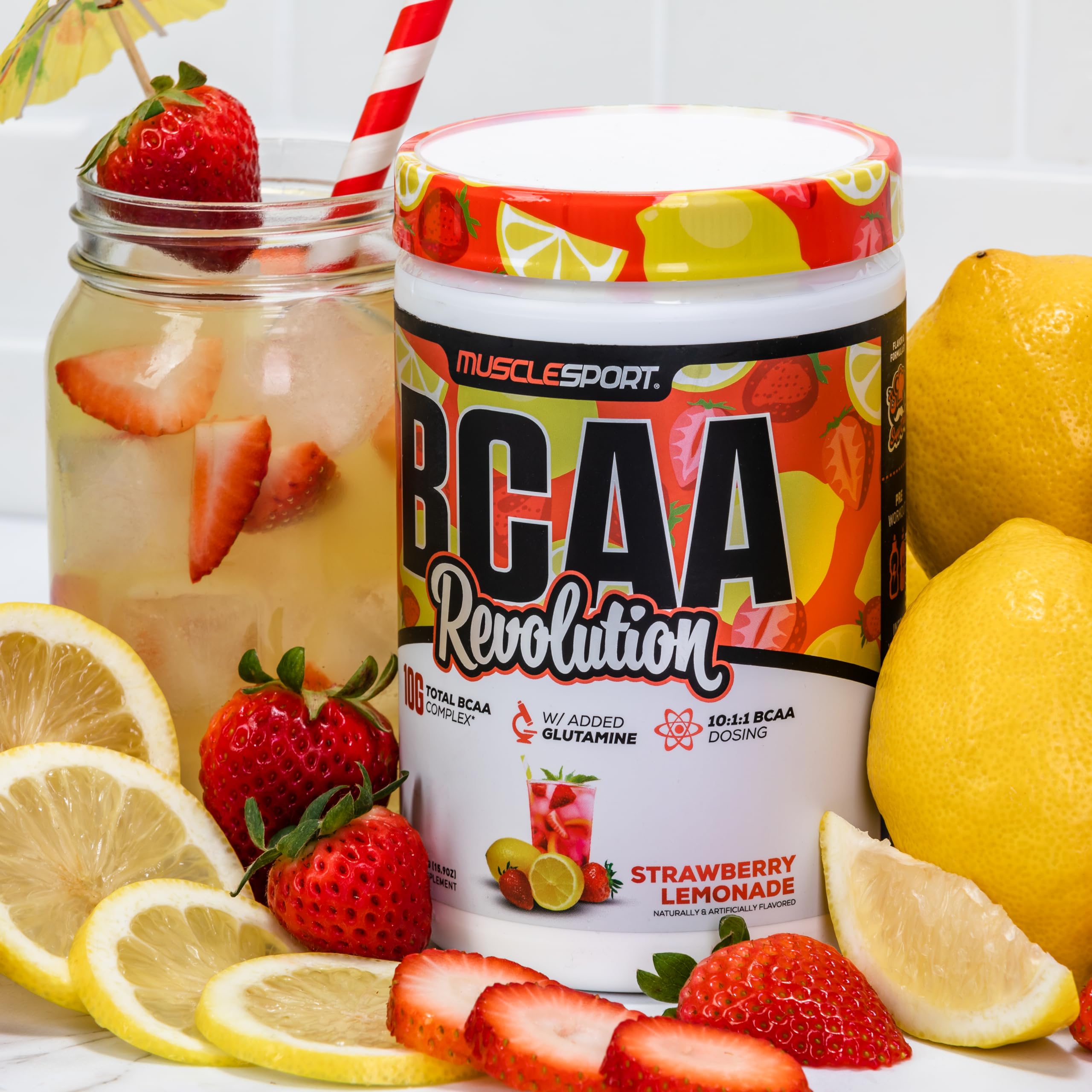 Musclesport BCAA Powder 500g packaging on a kitchen counter