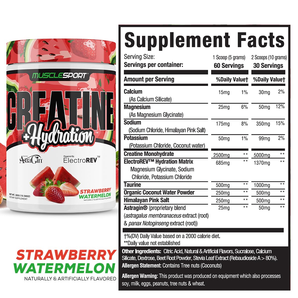 Musclesport Creatine + Hydration 300g tub side view with flavours