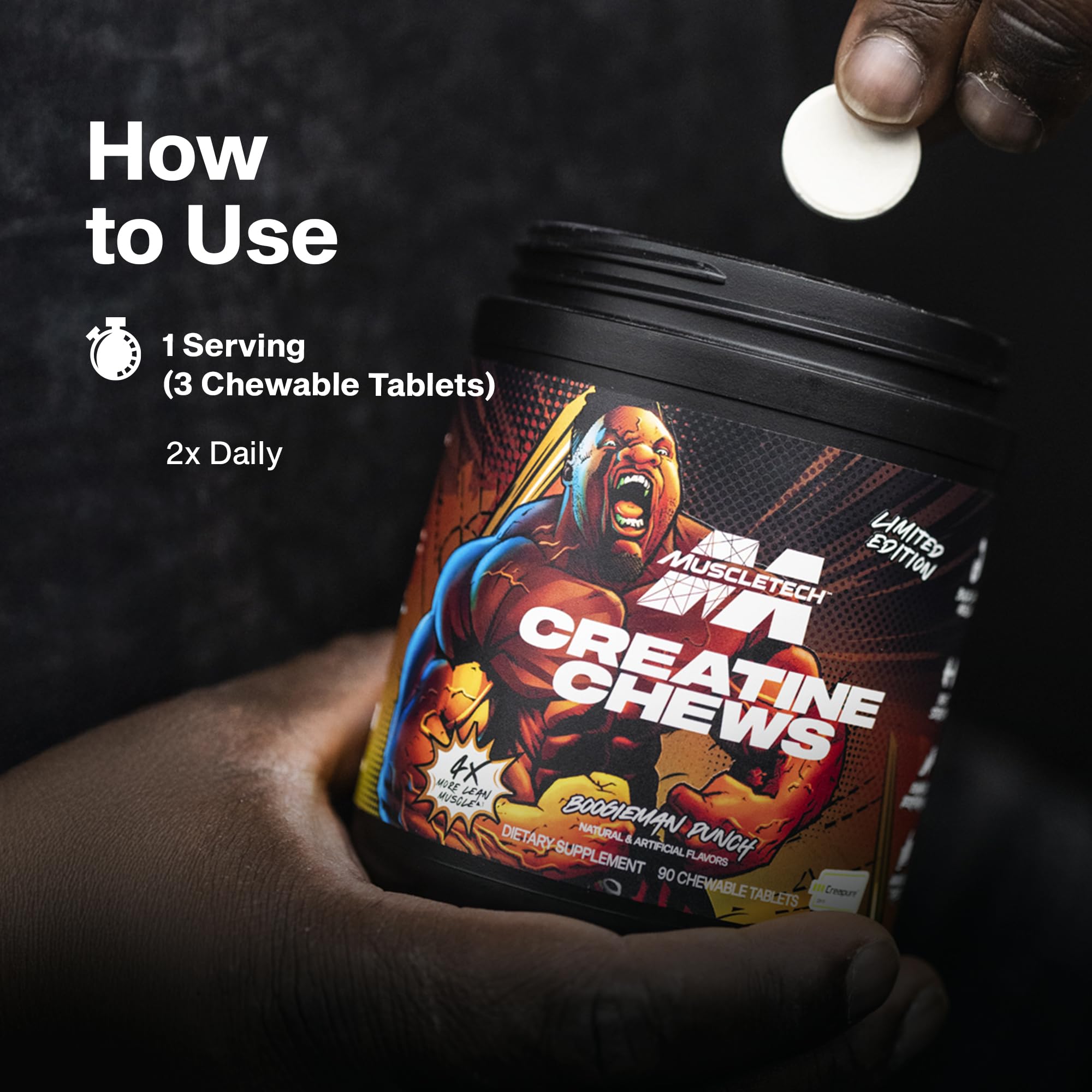 MuscleTech Creatine Chews Boogieman Punch with workout gear