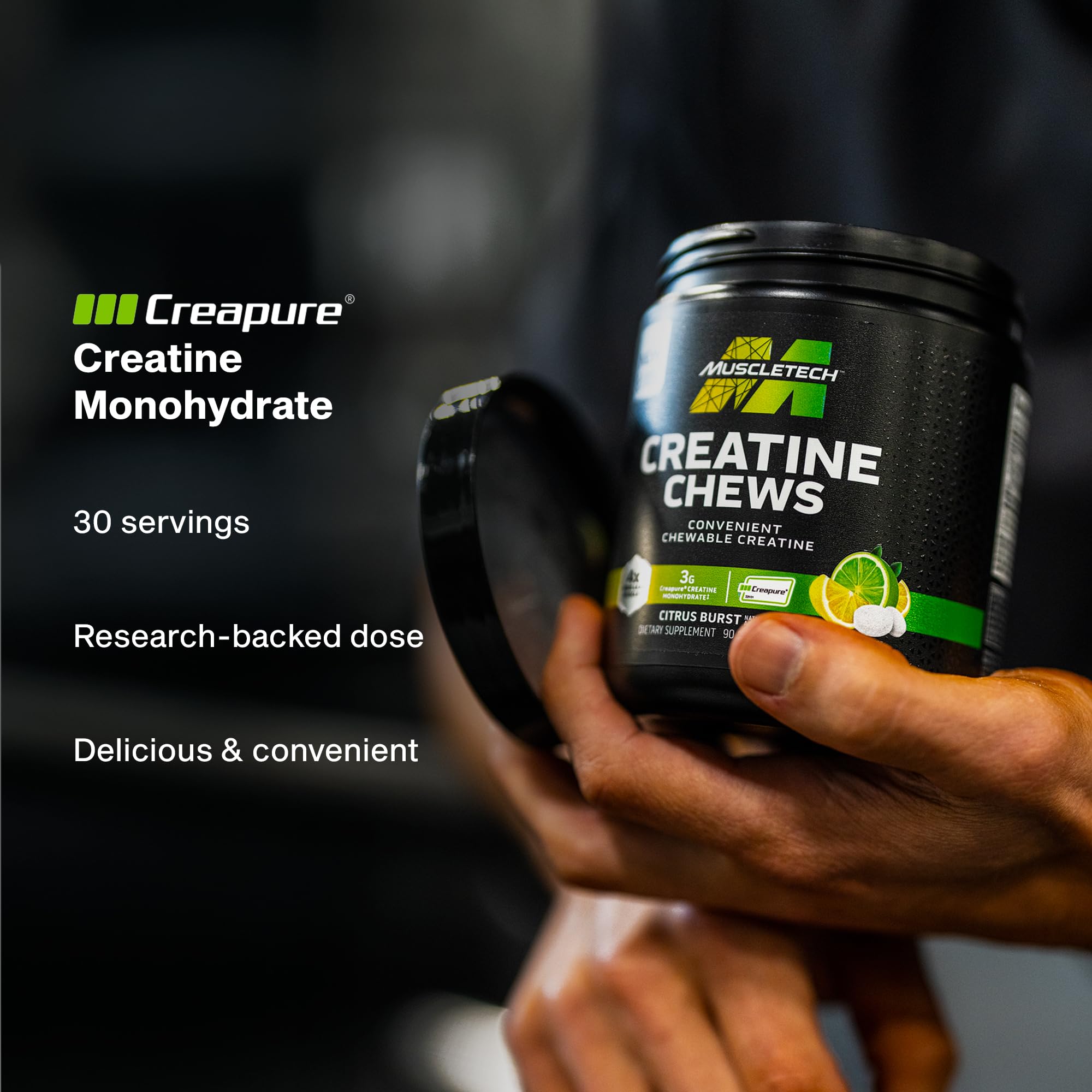 MuscleTech Creatine Chews in a hand for size comparison