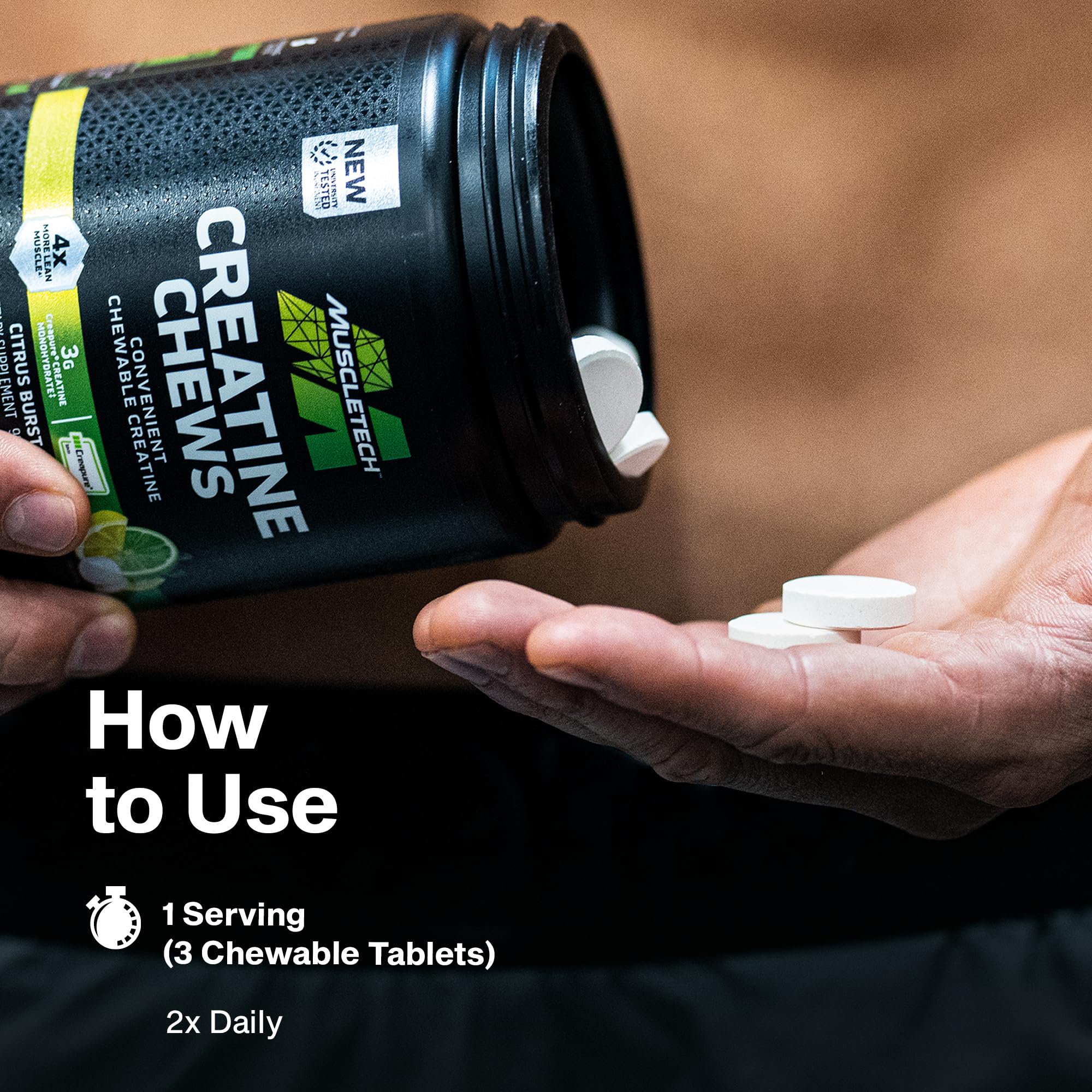 MuscleTech Creatine Chews with workout gear