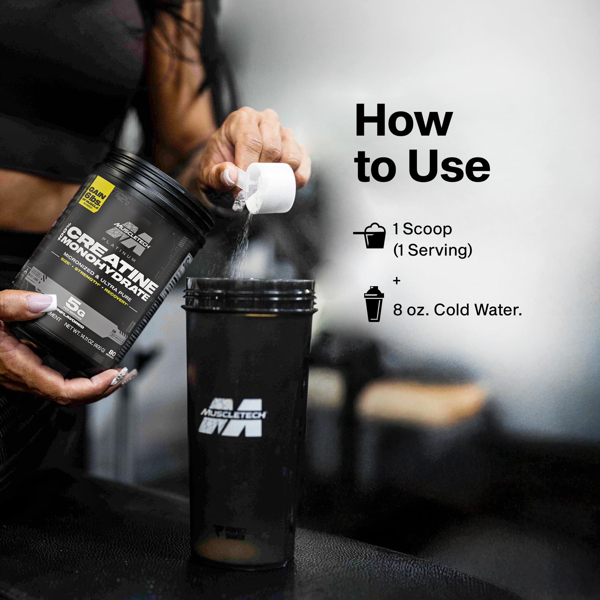 MuscleTech Platinum 100% Creatine unflavored powder in a shaker bottle