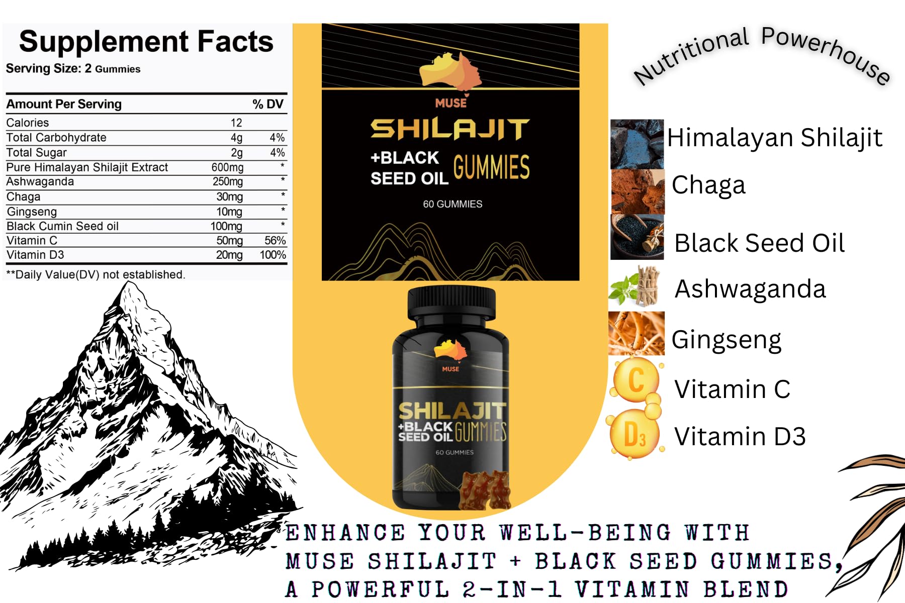 Muse Celtic Minerals Shilajit Black Gummies on a table