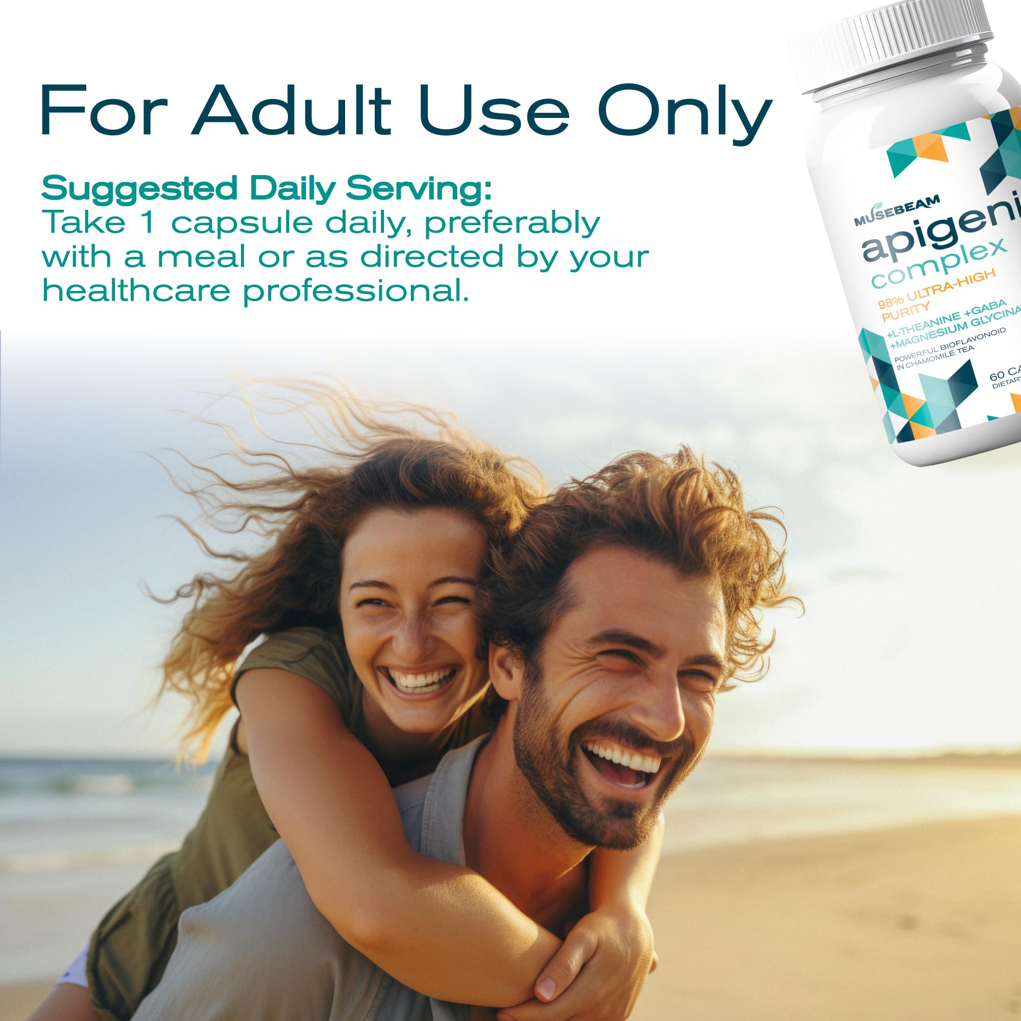 musebeam Apigenin Capsules bottle with a plant background