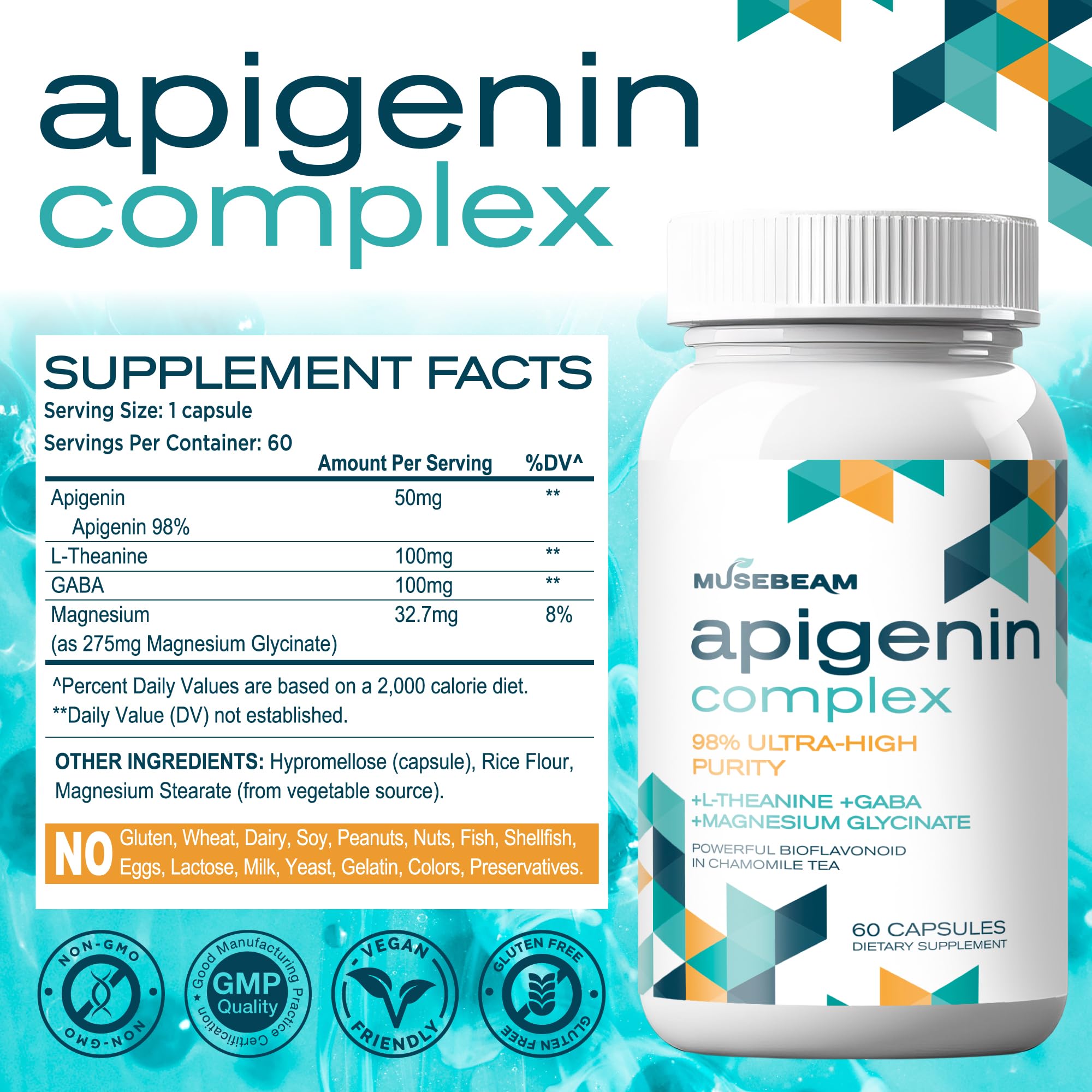 musebeam Apigenin Capsules side view with label