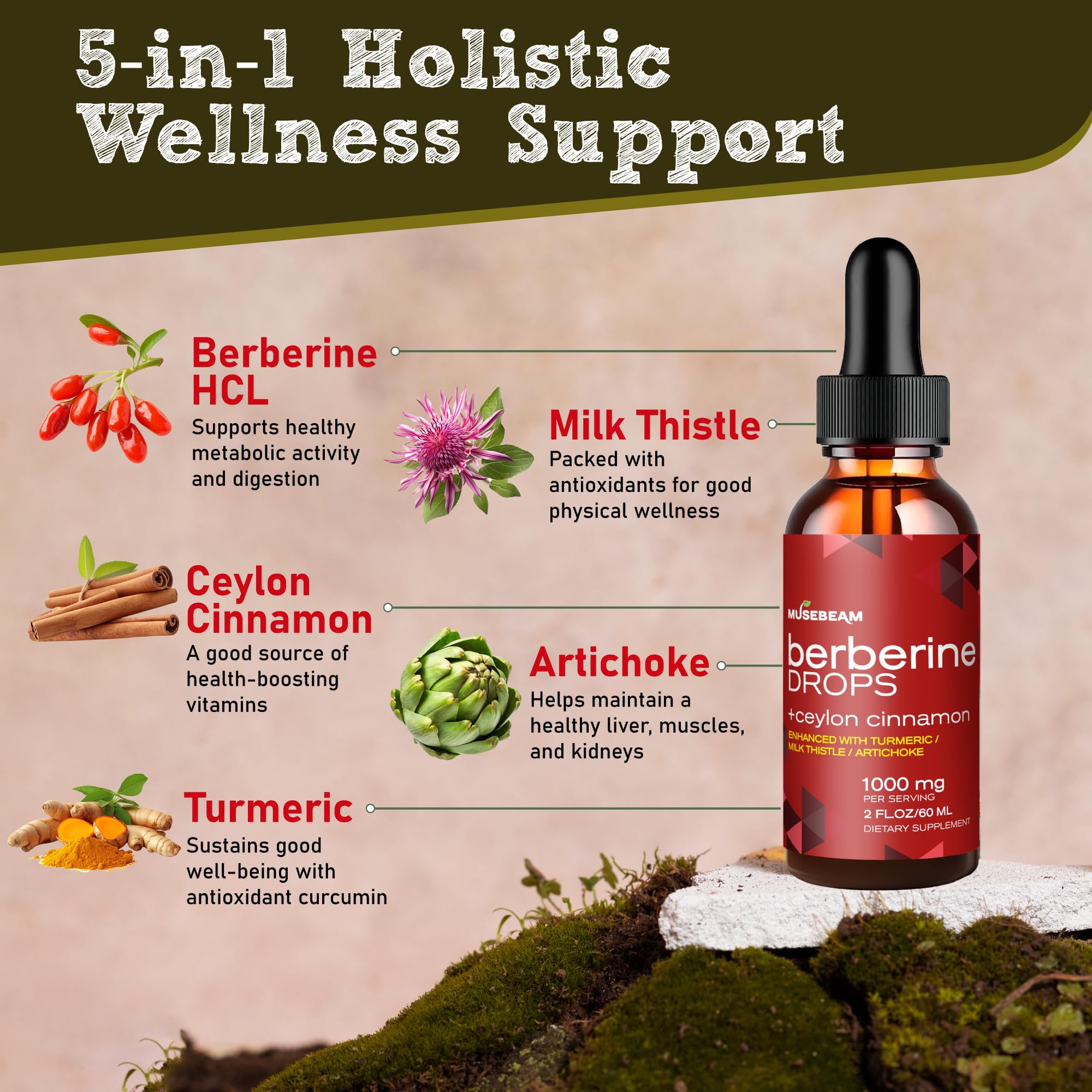 musebeam Berberine HCL Tincture 1000mg bottle with dropper
