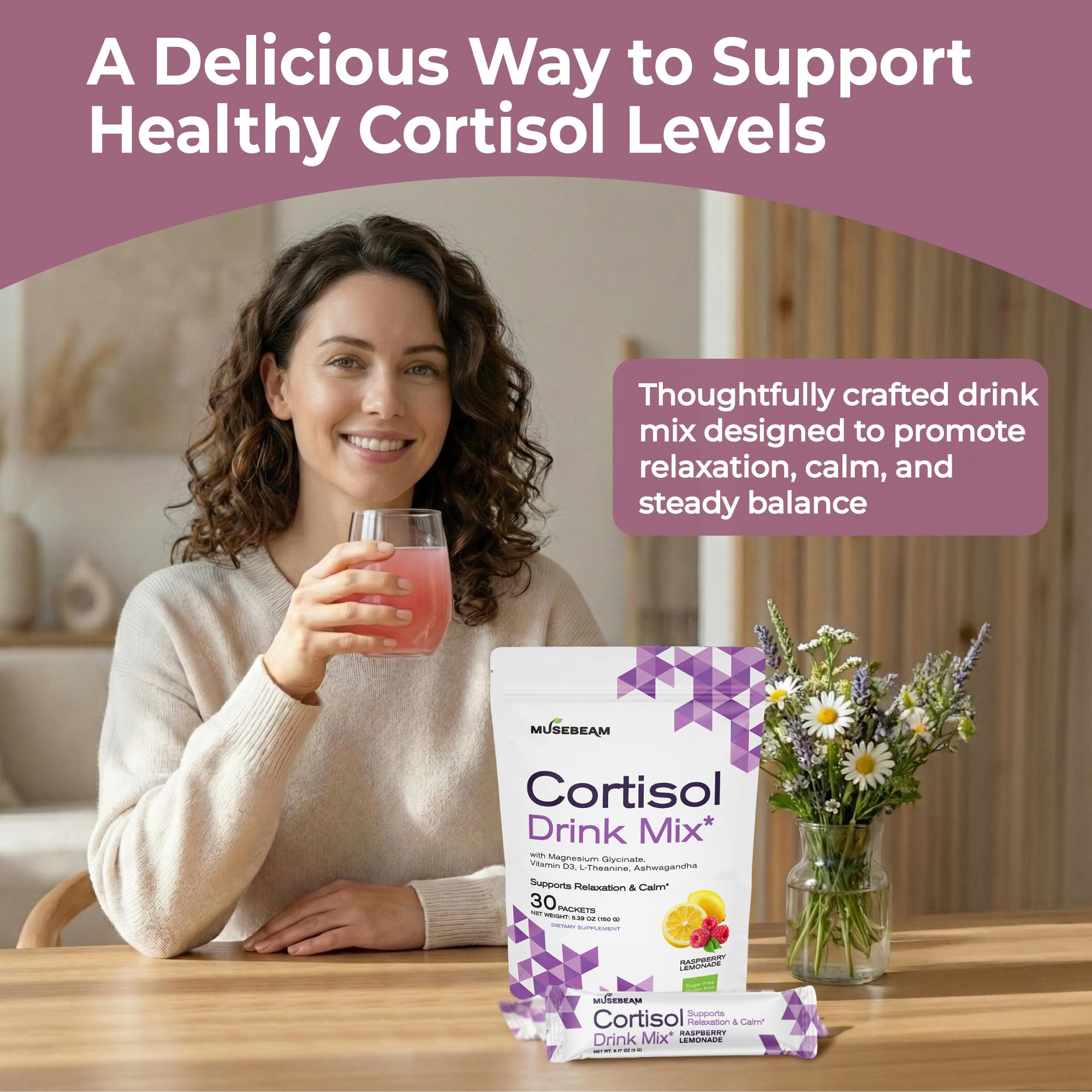 musebeam Cortisol Drink Mix raspberry lemonade flavour packet
