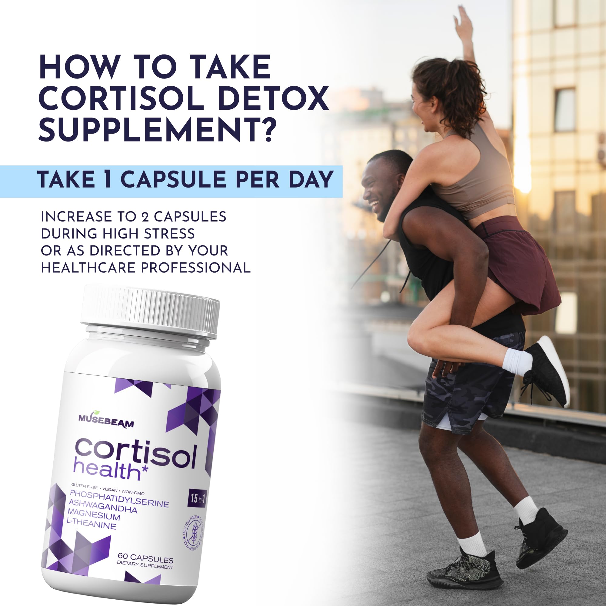 musebeam Cortisol Wellness Formula 60 Capsules opened with a few capsules out