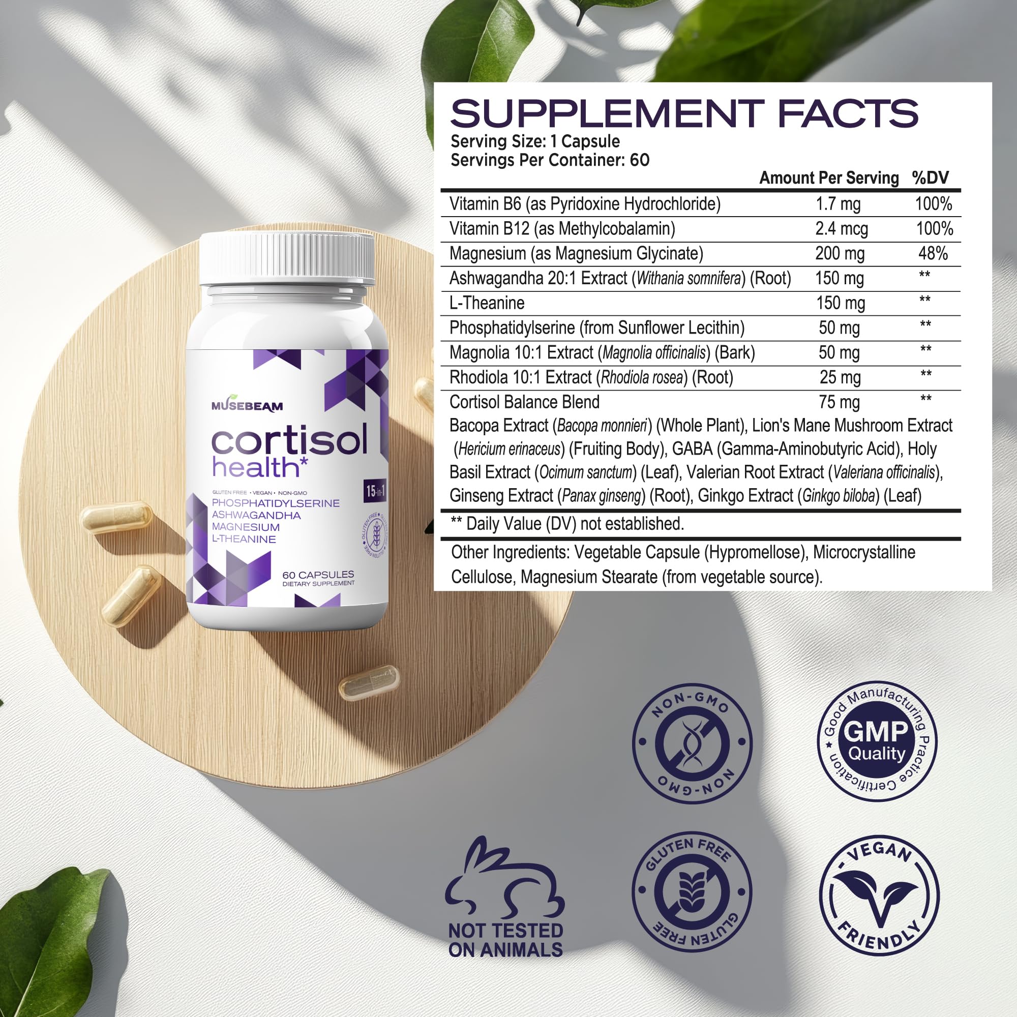 musebeam Cortisol Wellness Formula 60 Capsules packaging details