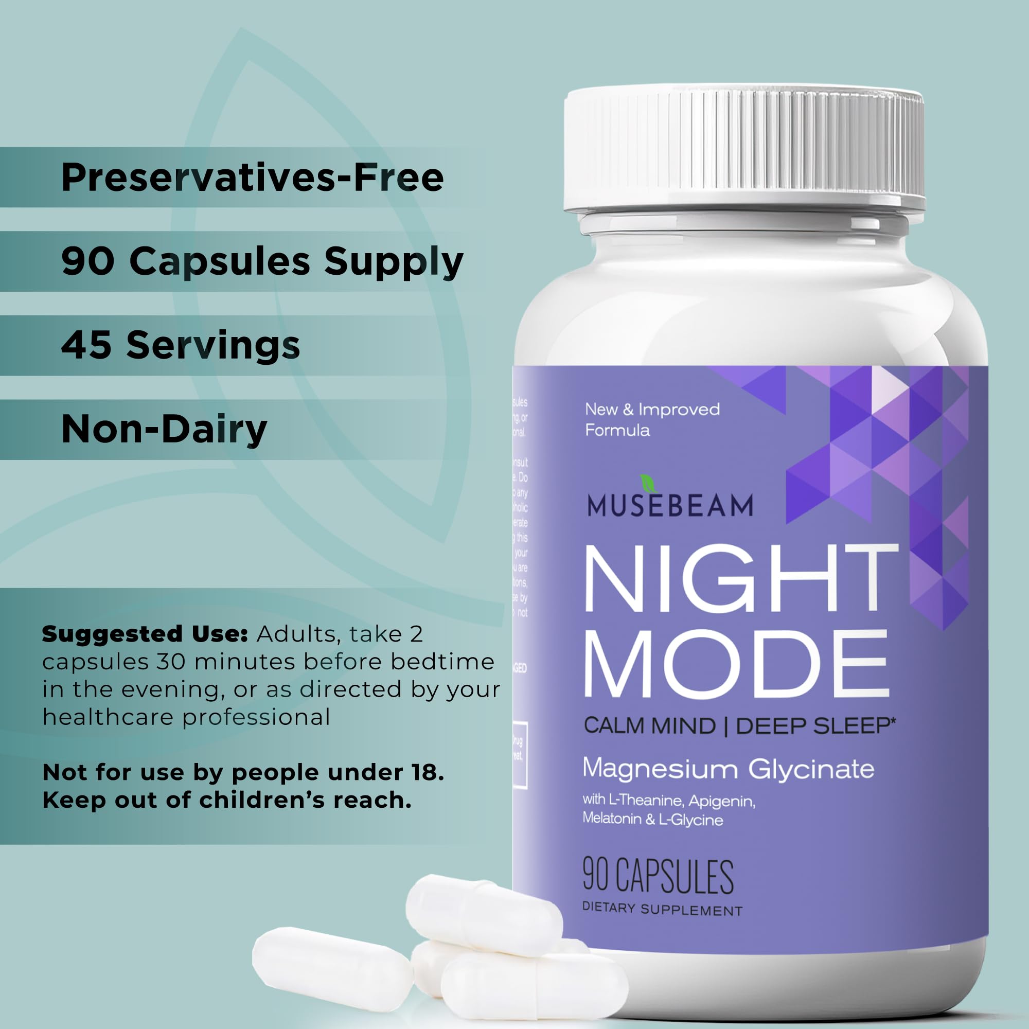 musebeam Magnesium Glycinate 90 Capsules close-up of capsules
