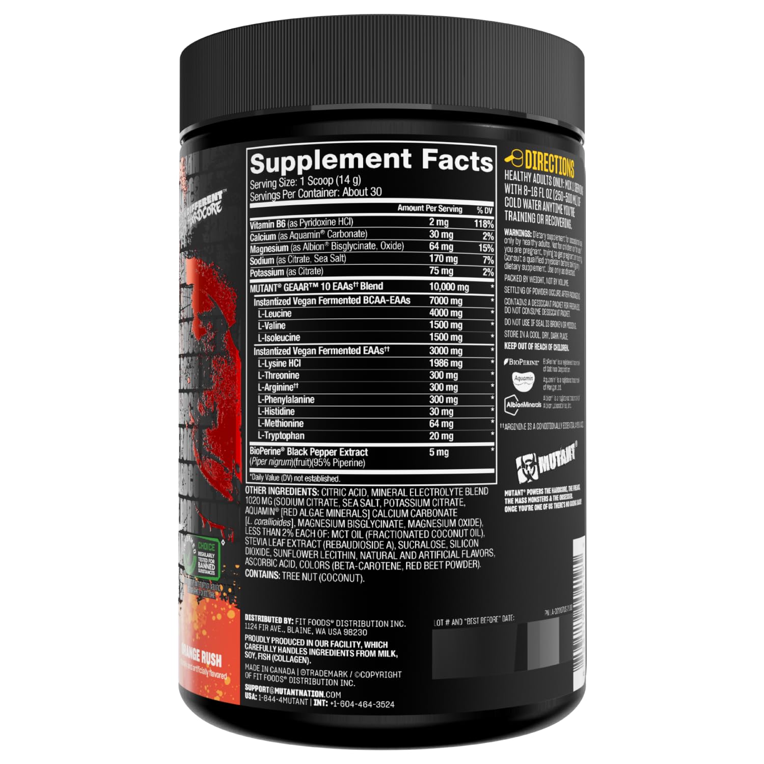 Mutant BCAA Powder 420g packaging on a gym bench