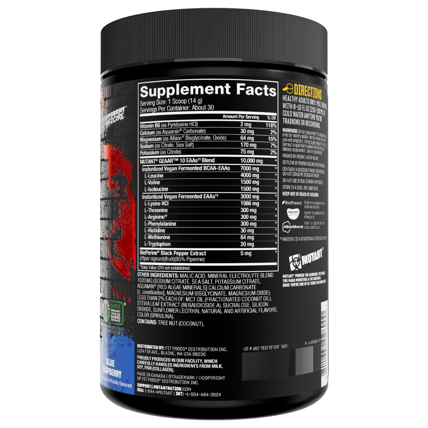 Mutant BCAA Powder 420g packaging on a gym bench