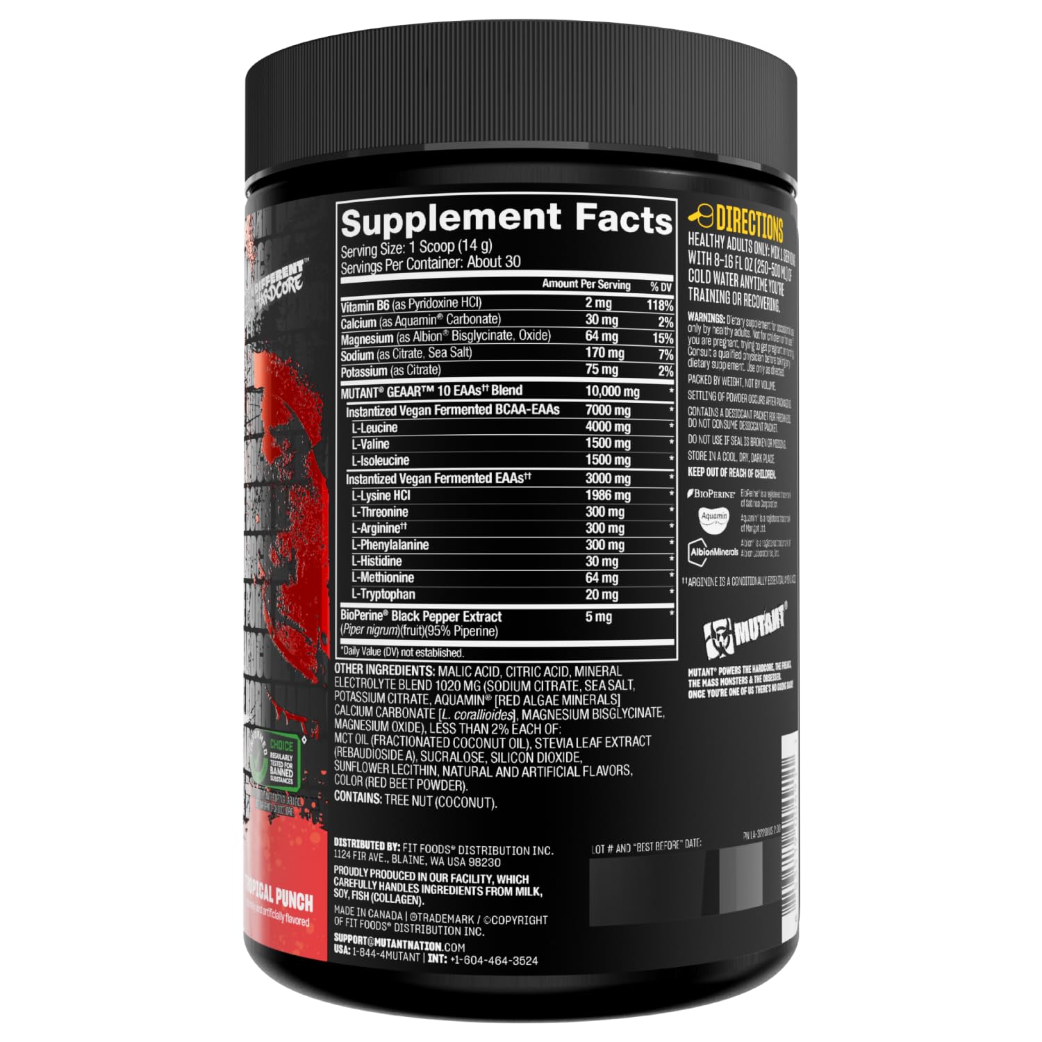 Mutant BCAA Supplement 420g on a gym bench
