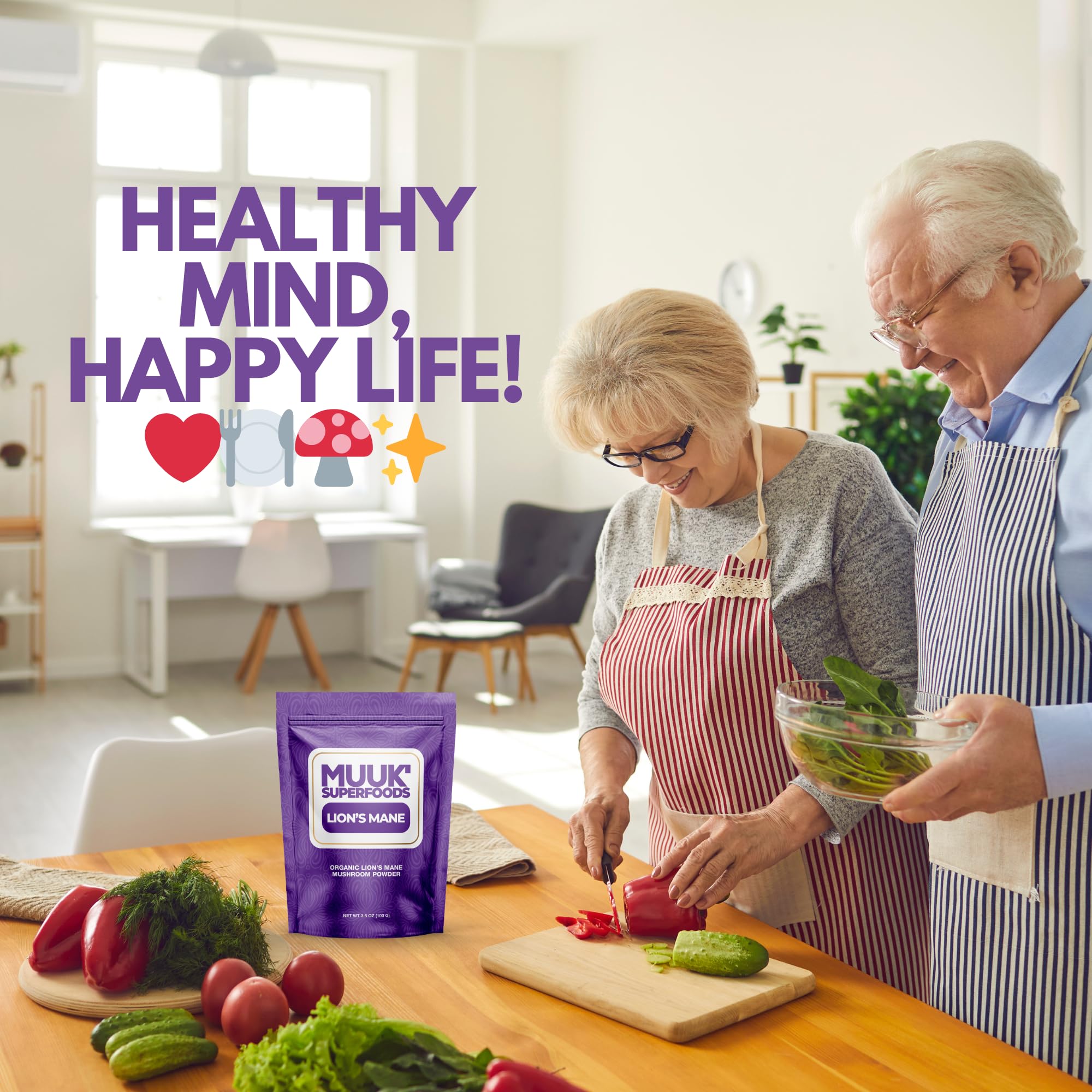 MUUK' SUPERFOODS Lion's Mane Mushroom Powder on a kitchen counter