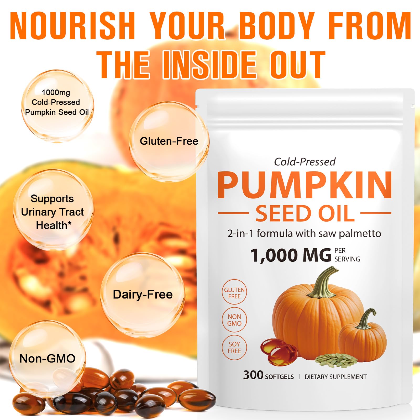MXCZBSM Pumpkin Seed Oil & Saw Palmetto softgels in a hand