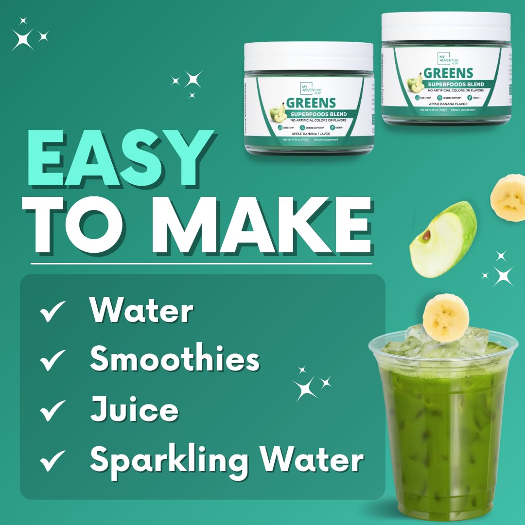 My Adventure to Fit Greens Superfood Powder packaging with apple banana flavour