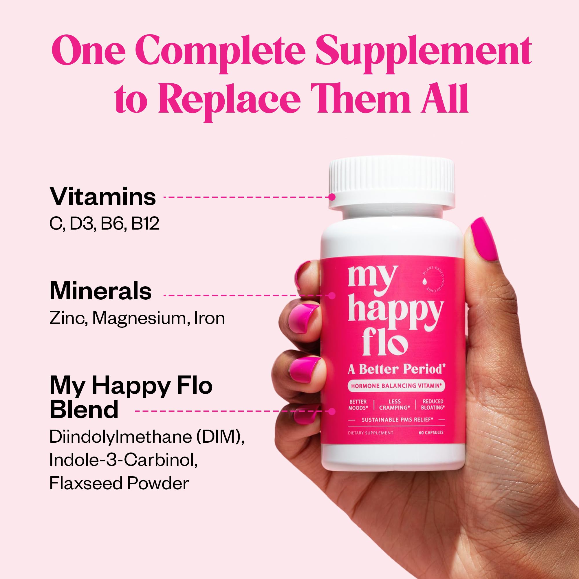 My Happy Flo Menstrual Support Supplement capsules on a table