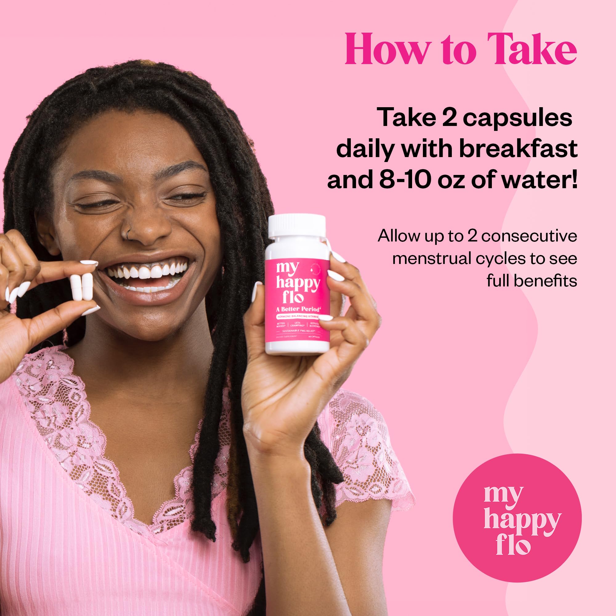 My Happy Flo Menstrual Support Supplement with a measuring spoon