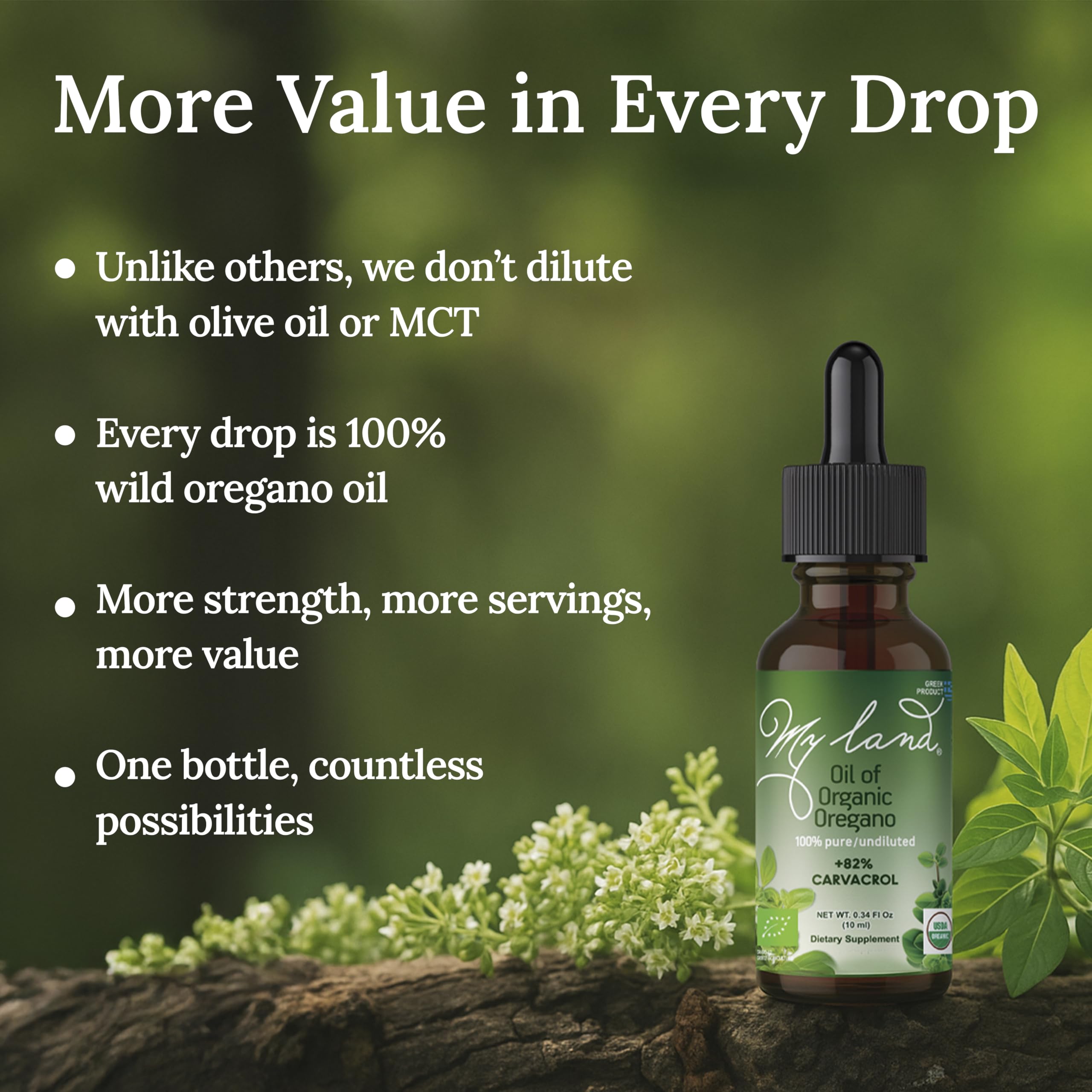 MY LAND Oregano Oil 82% Carvacrol content label close-up
