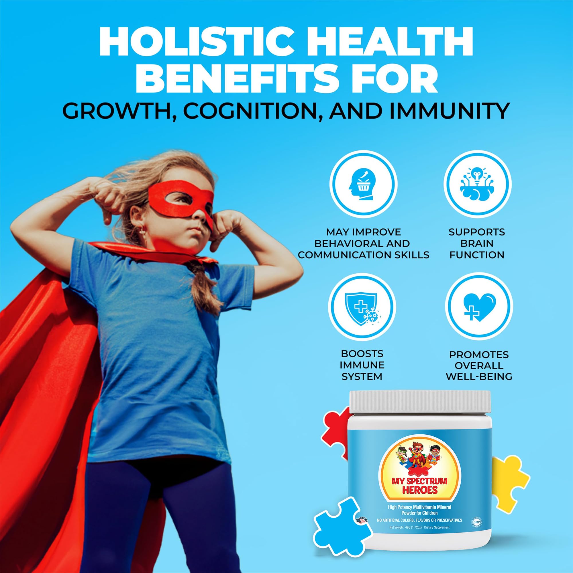 My Spectrum Heroes Kids Powder Multivitamin 61g powder in a spoon