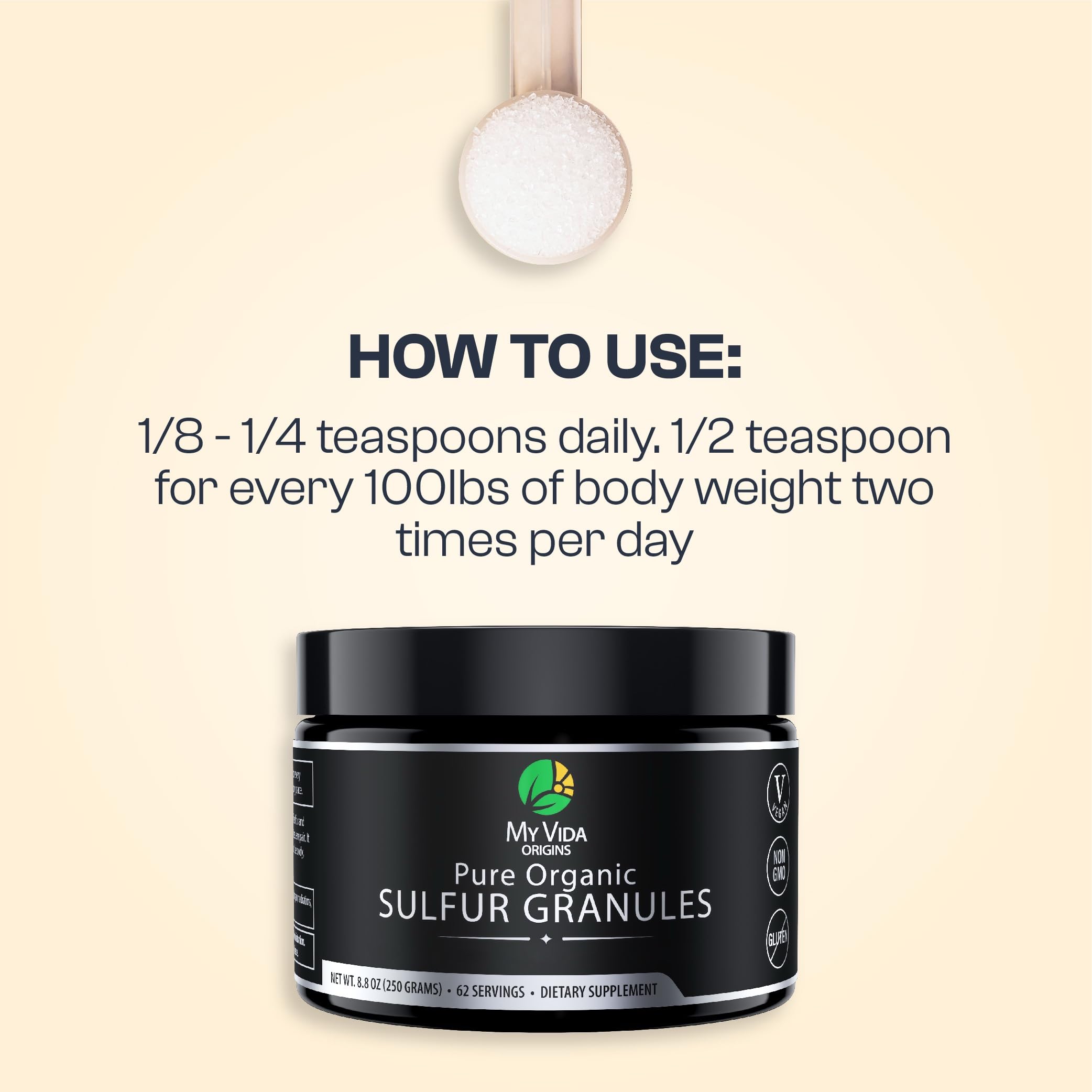 My Vida Origins Pure Organic Sulfur Granules with measuring spoon