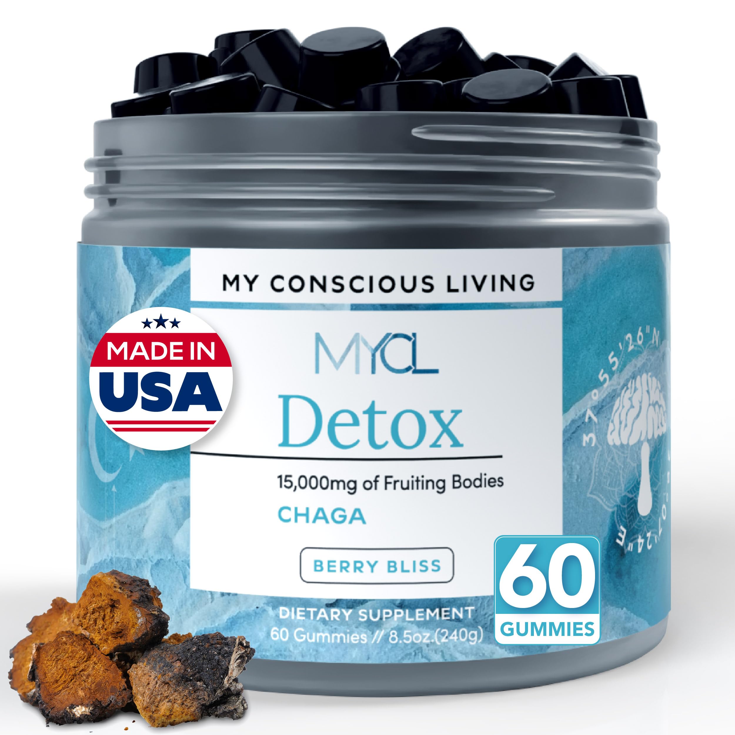 MYCL Chaga Mushroom Gummies front view, blueberry lemonade flavour