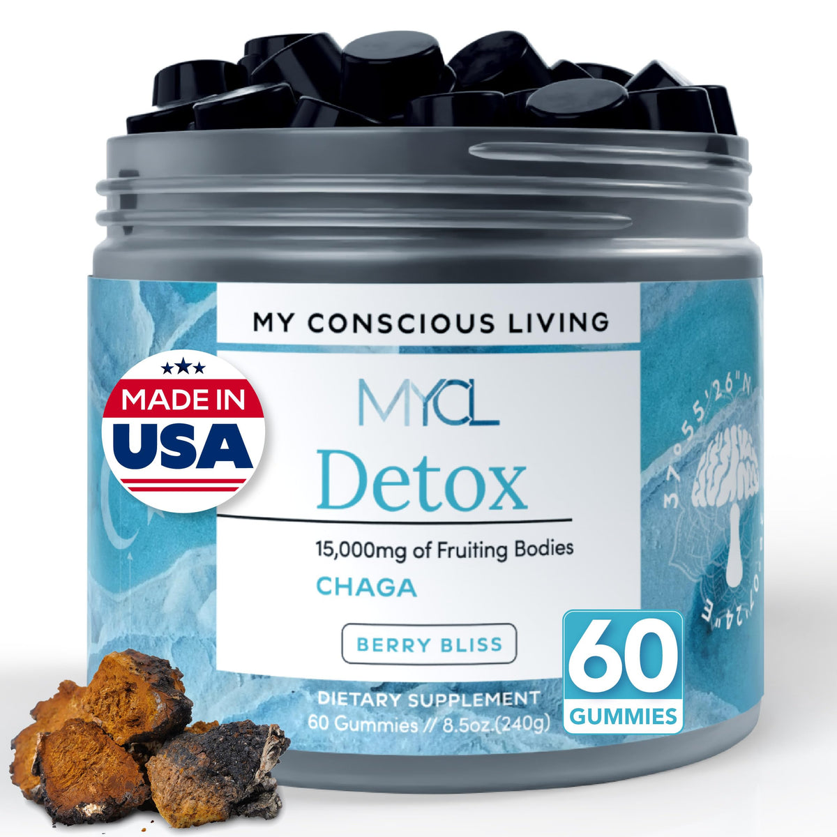 MYCL Chaga Mushroom Gummies front view, blueberry lemonade flavour