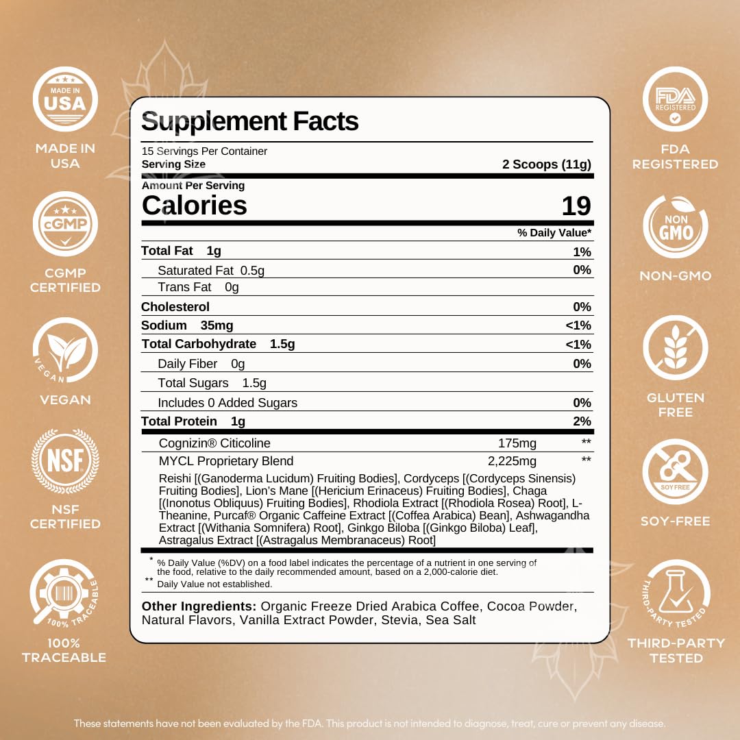 MYCL Mocha Latte Mushroom Supplement scoop and powder