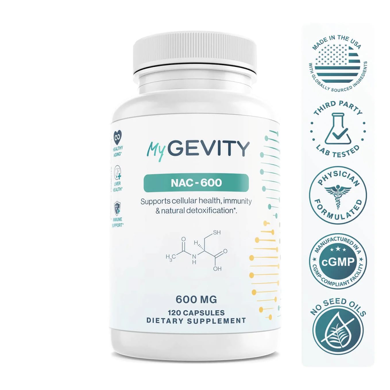 MyGevity NAC 600mg Antioxidant Supplement side view