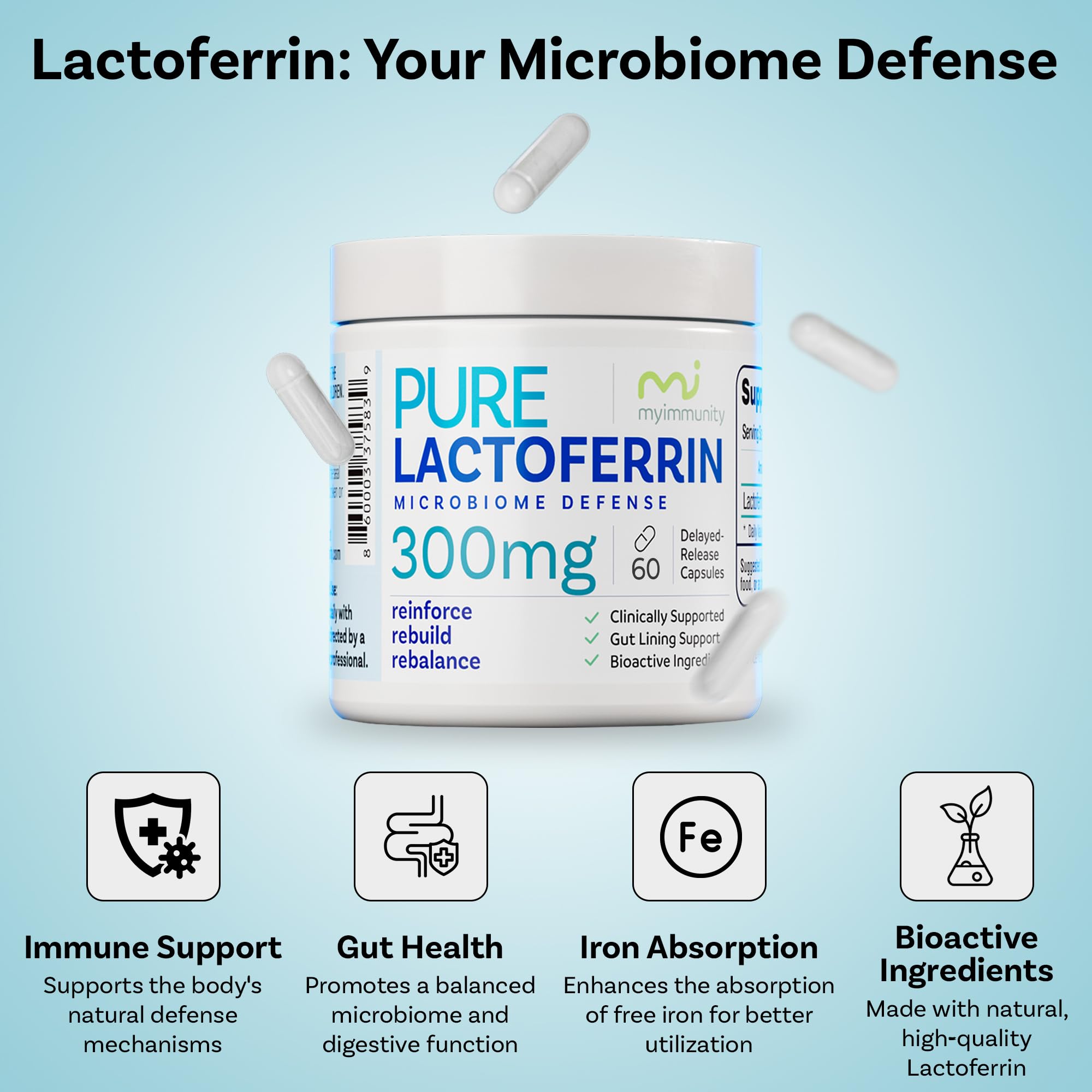 MyImmunity Lactoferrin Supplement 300mg bottle with dosage instructions