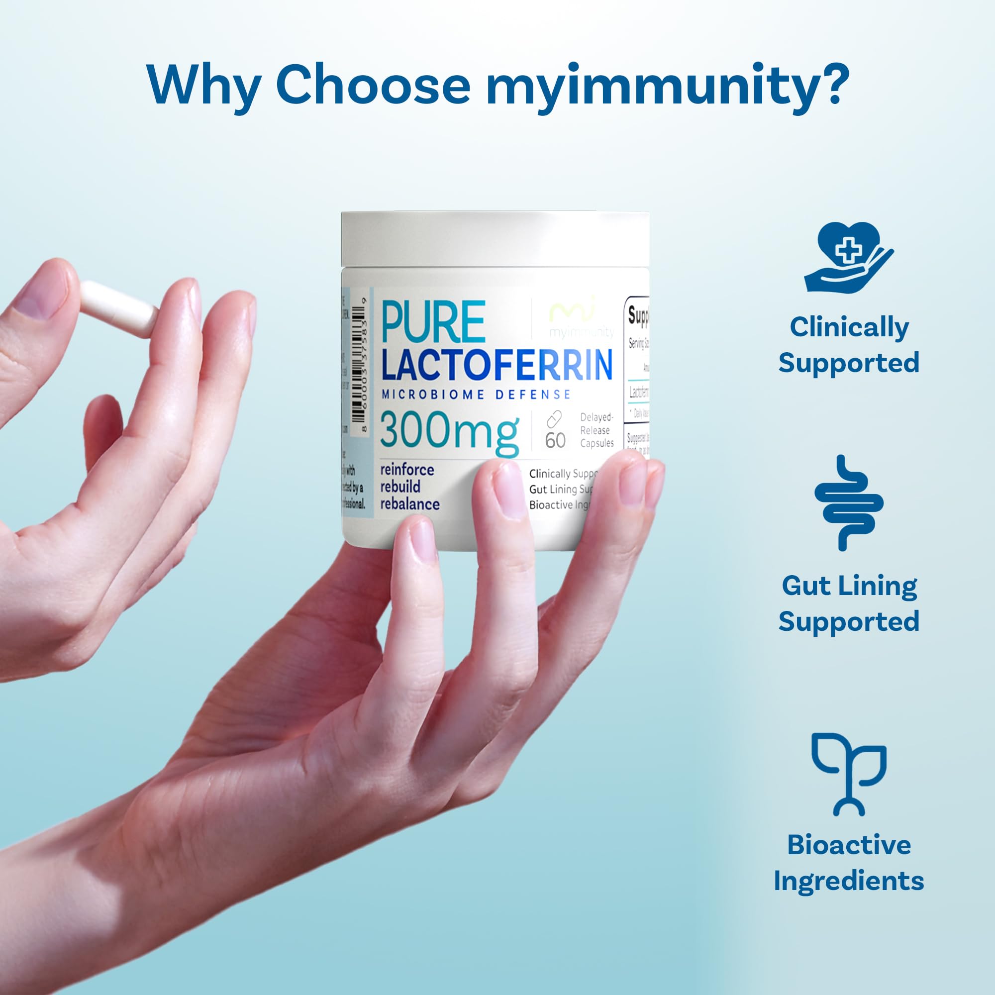 MyImmunity Lactoferrin Supplement 300mg capsules on a table