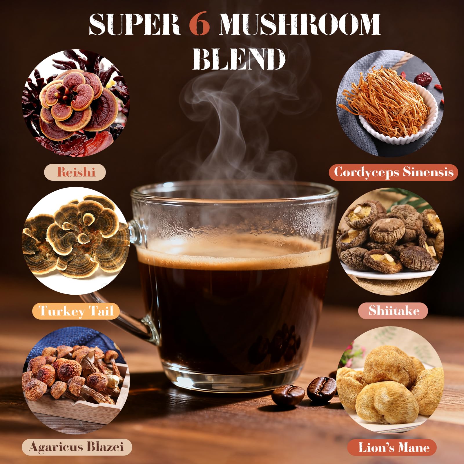 MYKAF 6-in-1 Mushroom Coffee Blend in a cup with coconut milk