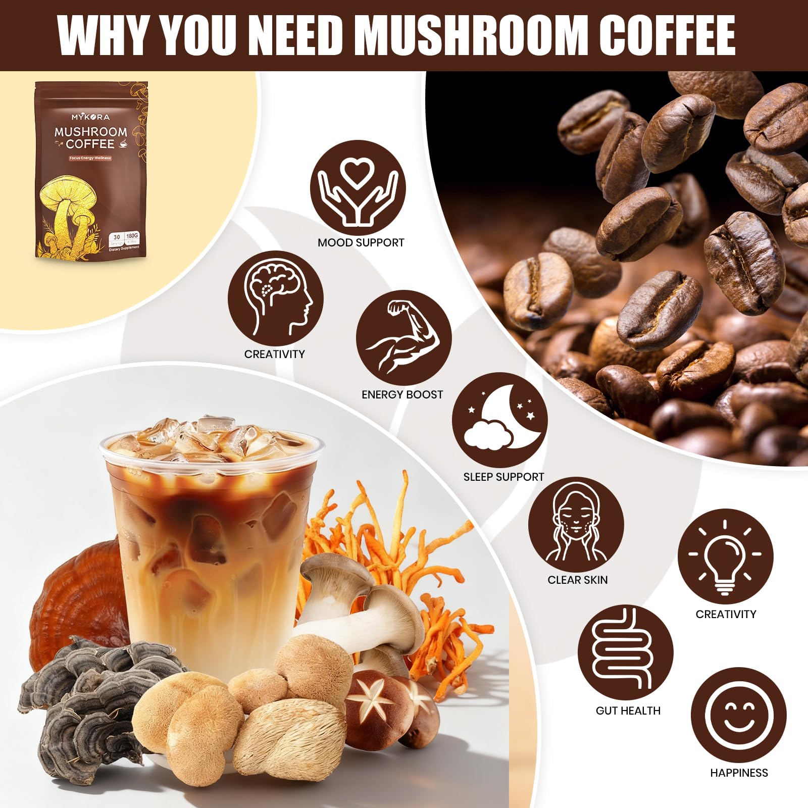 MYKORA Mushroom Coffee Blend scoop with powder