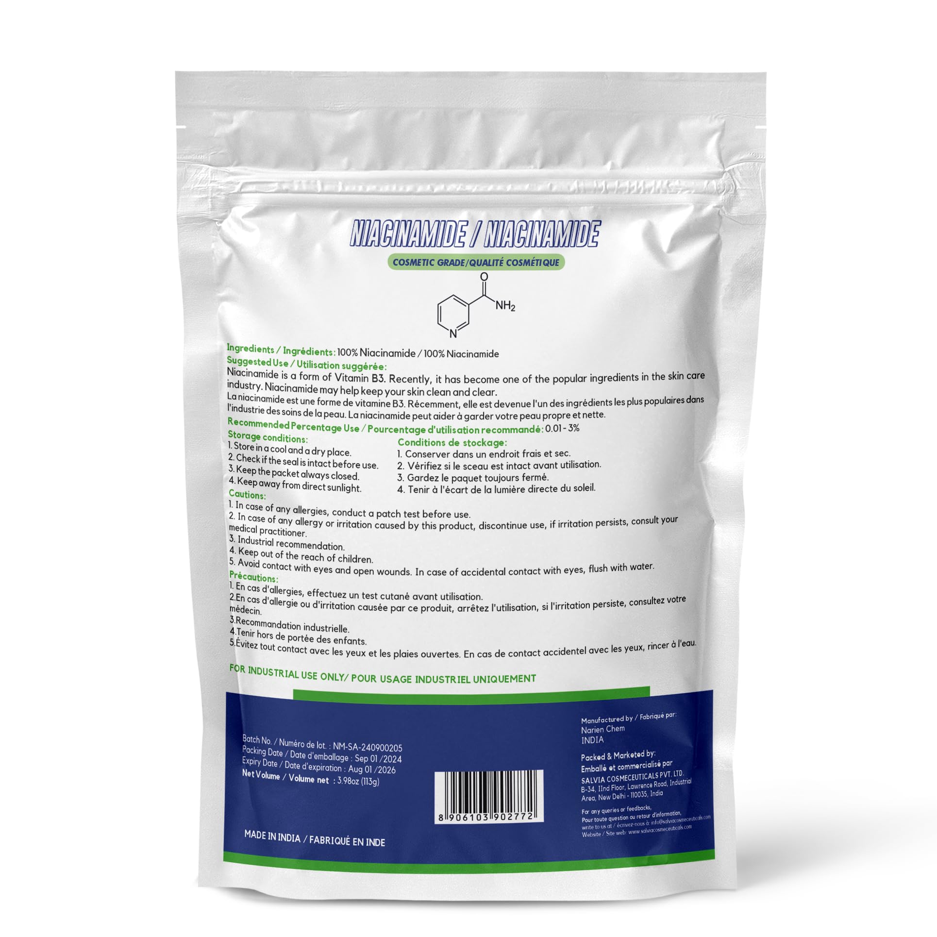 MYOC Niacinamide Powder 111g back view packaging