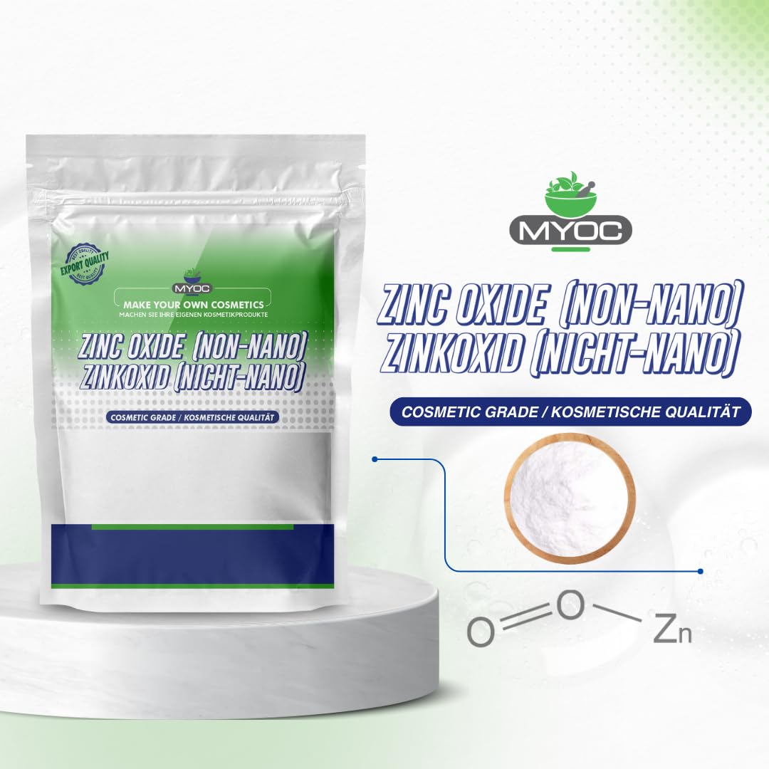 MYOC Zinc Oxide Powder 20g side view showing packaging dimensions