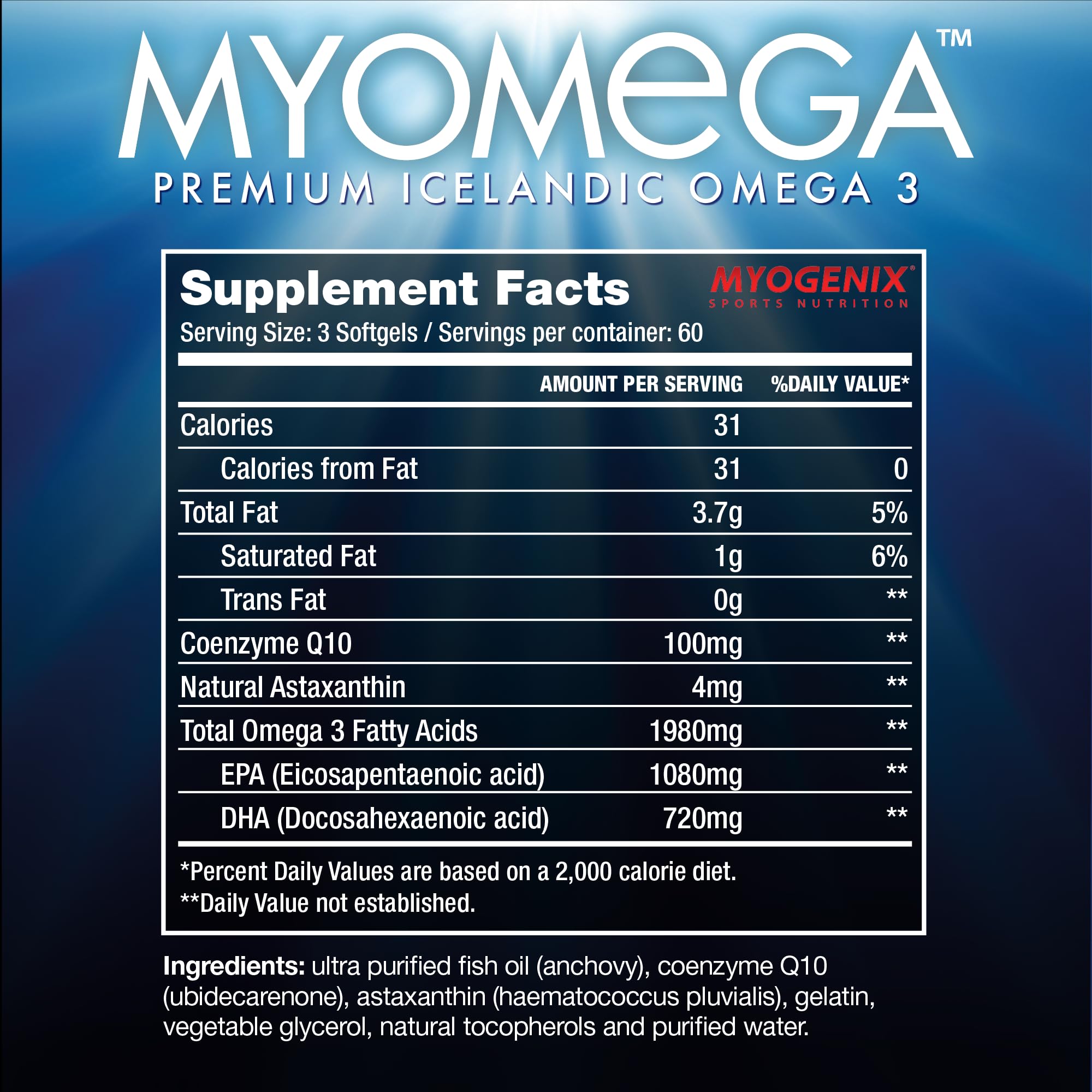 Myogenix Omega-3 Fish Oil Softgels lifestyle scene with a glass of water
