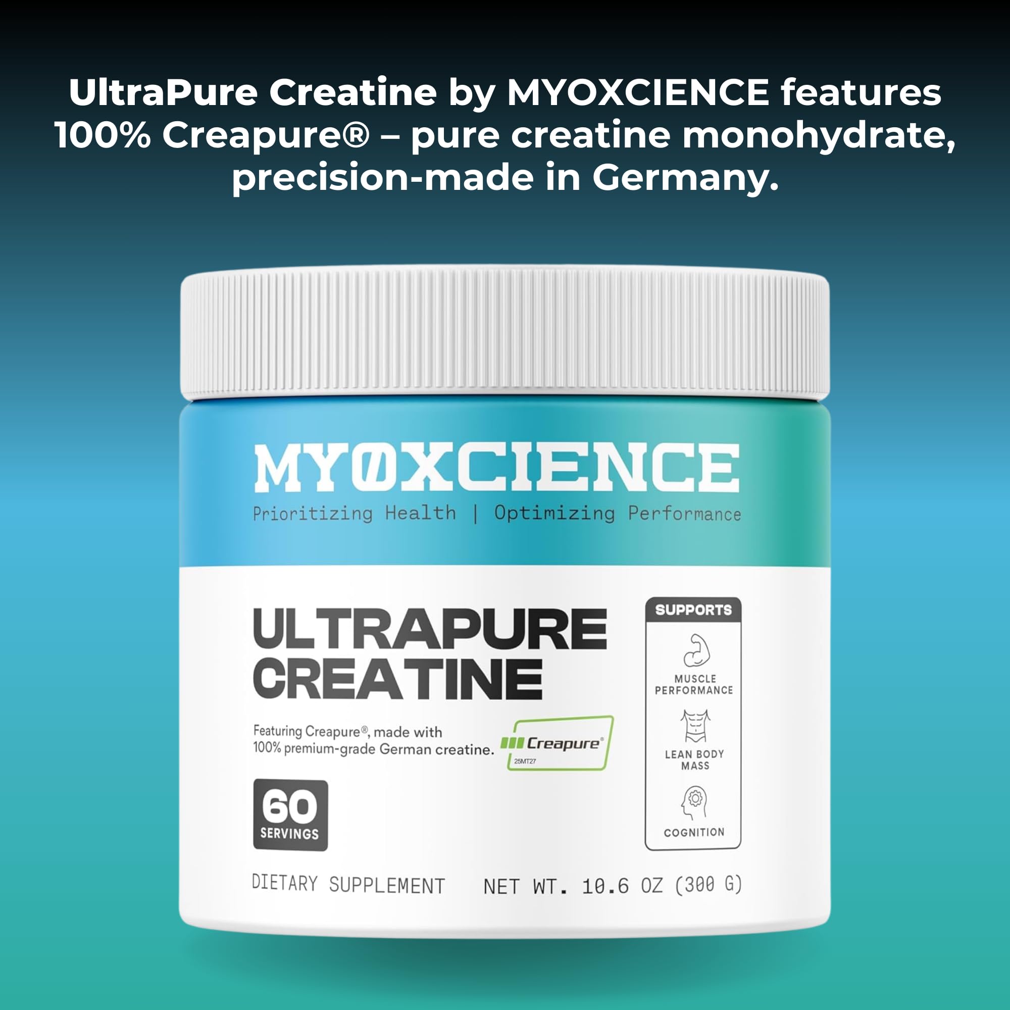 MYOXCIENCE Creapure Creatine 350g lifestyle scene with gym equipment