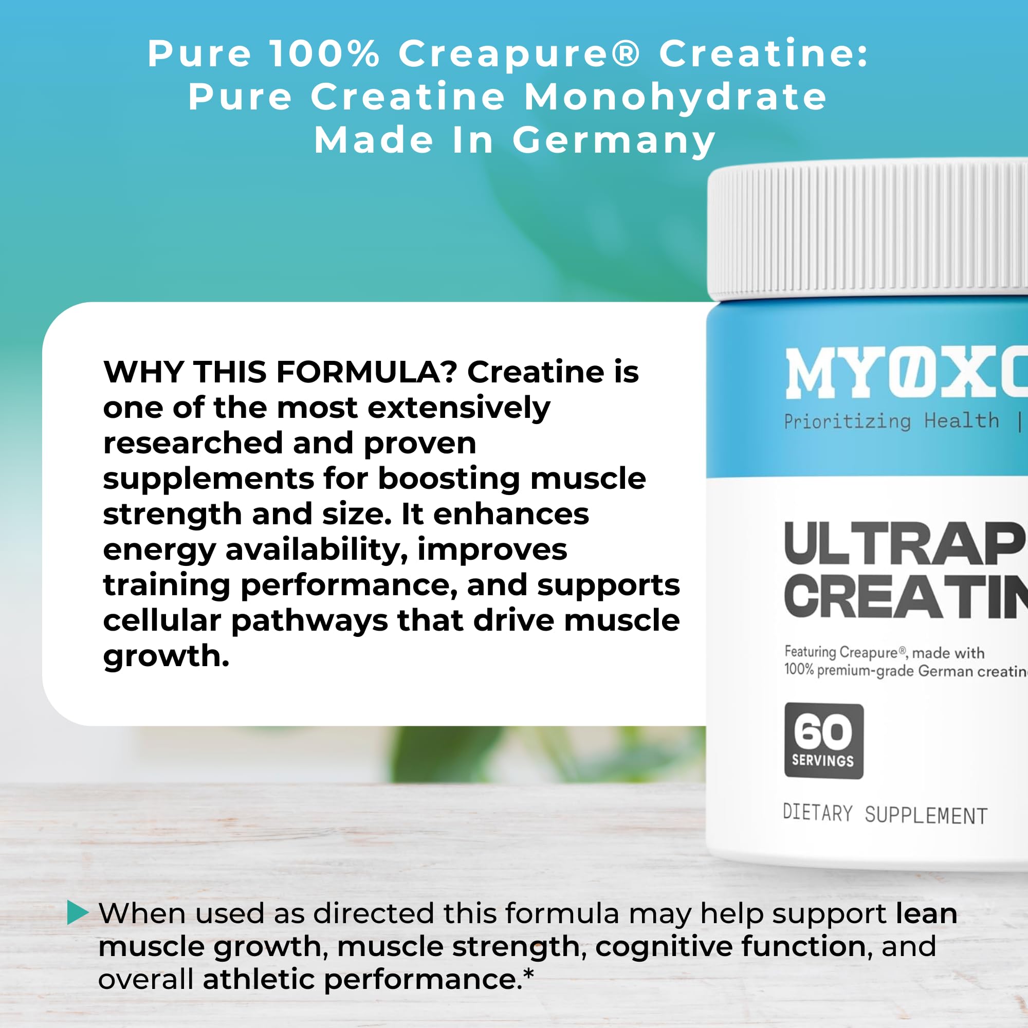 MYOXCIENCE Creapure Creatine 350g mixed in a glass of water