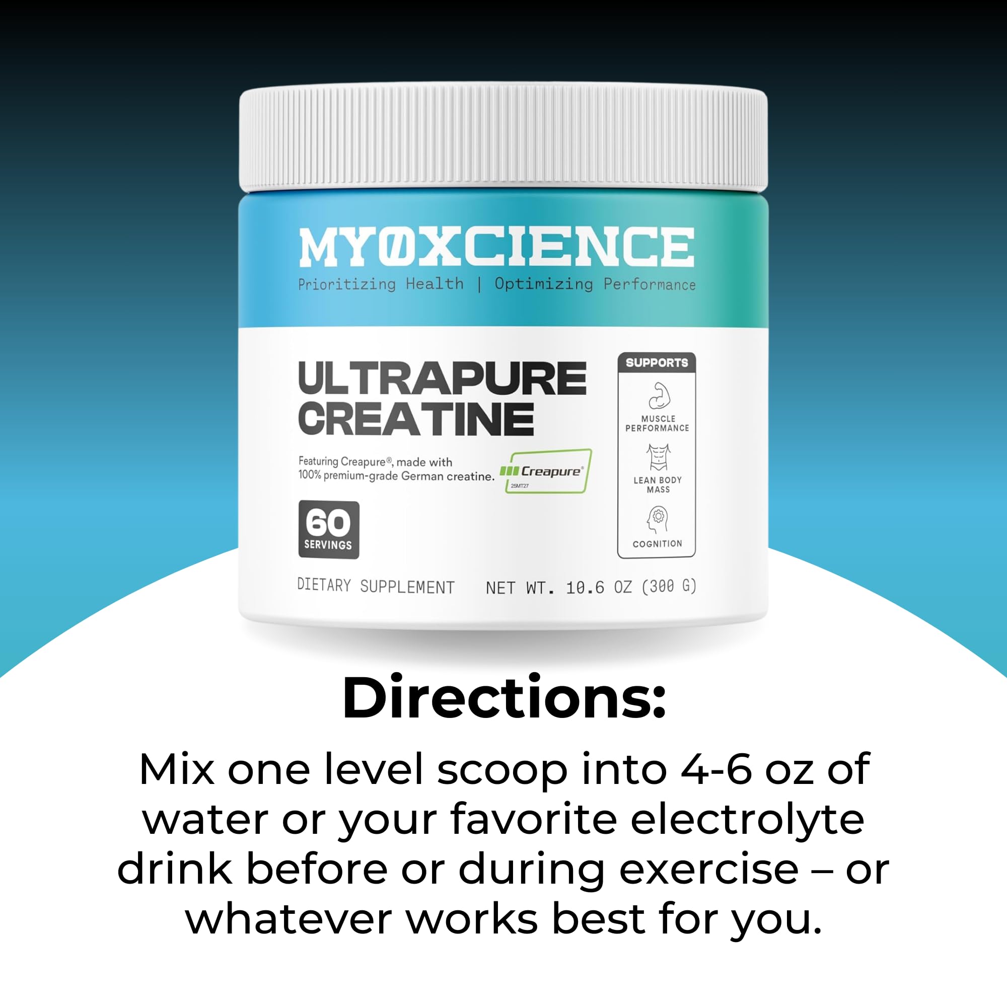 MYOXCIENCE Creapure Creatine 350g packaging on a kitchen counter