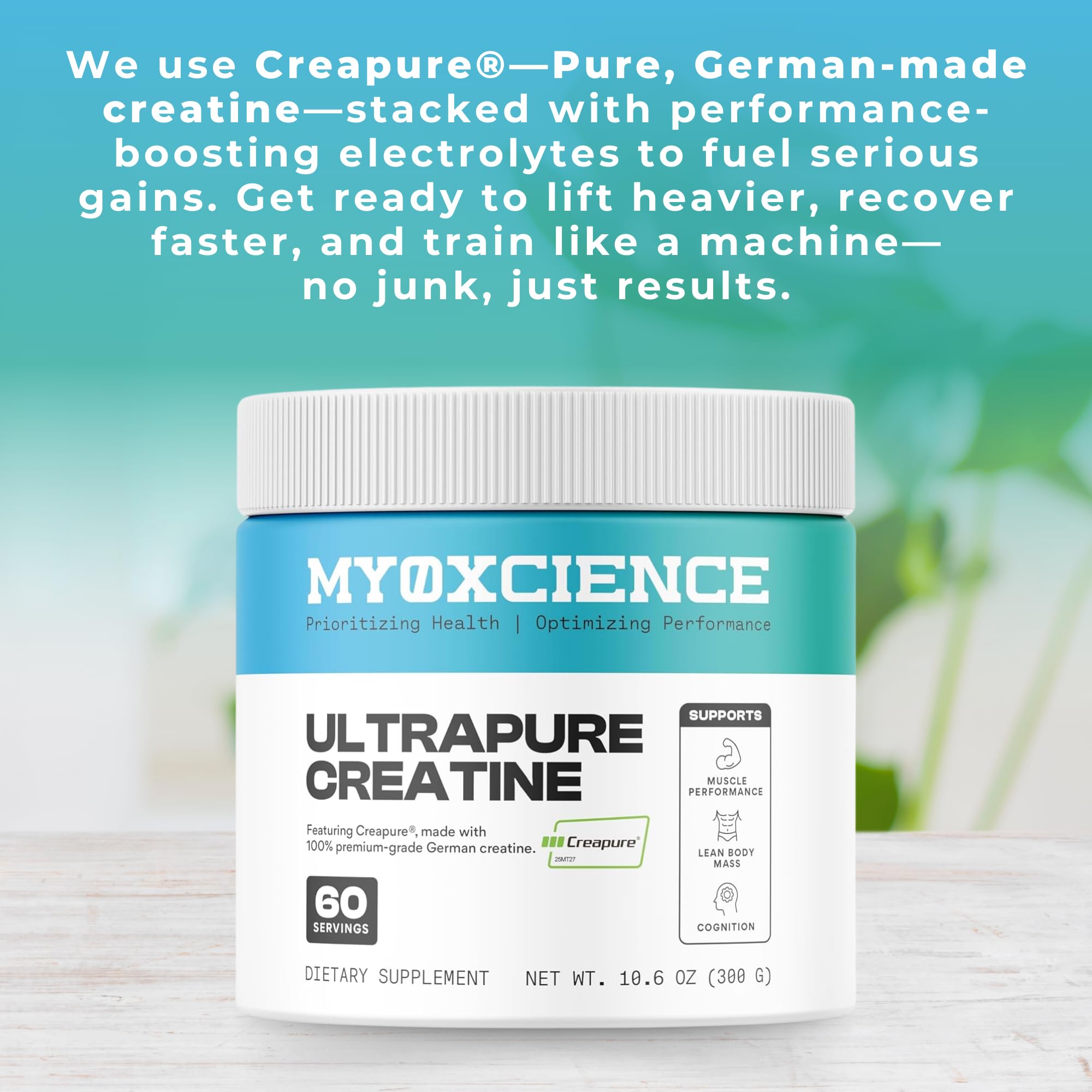MYOXCIENCE Creapure Creatine 350g side view showing packaging